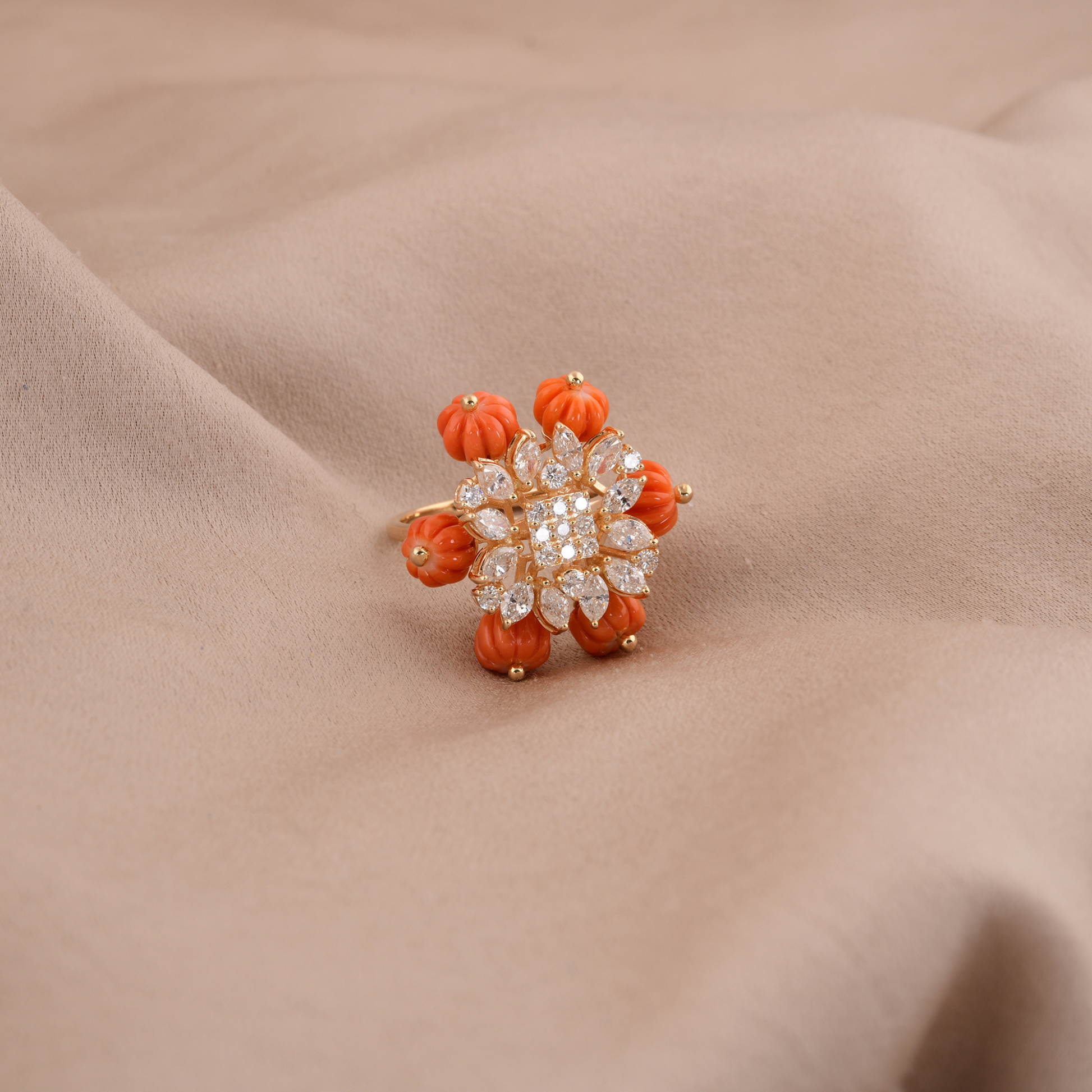 Cocktail Floral Ring With Natural Diamond & Coral Beads in Fine Gold