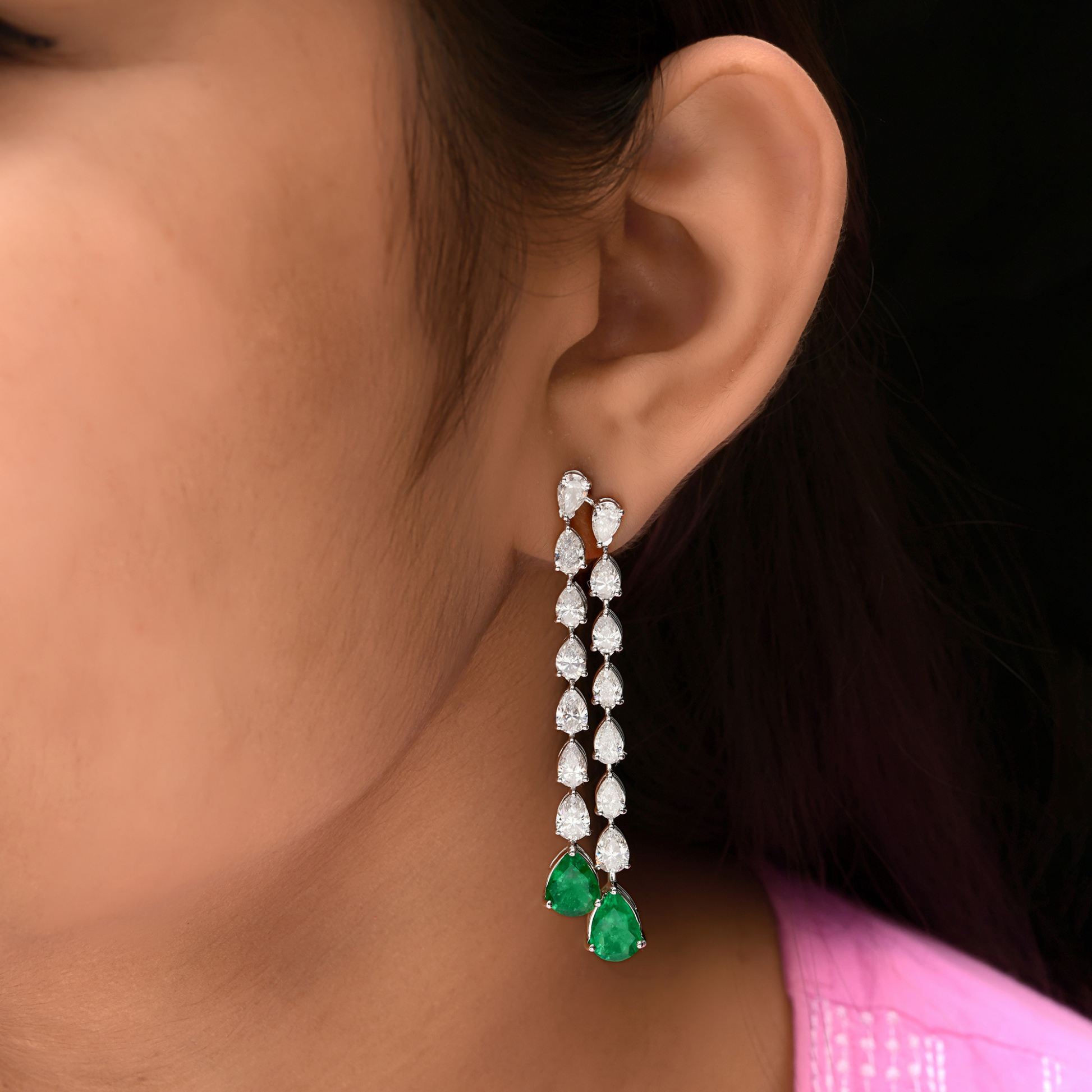 Statement Zambian Emerald Natural H/SI Diamond Gold Dangle Earrings