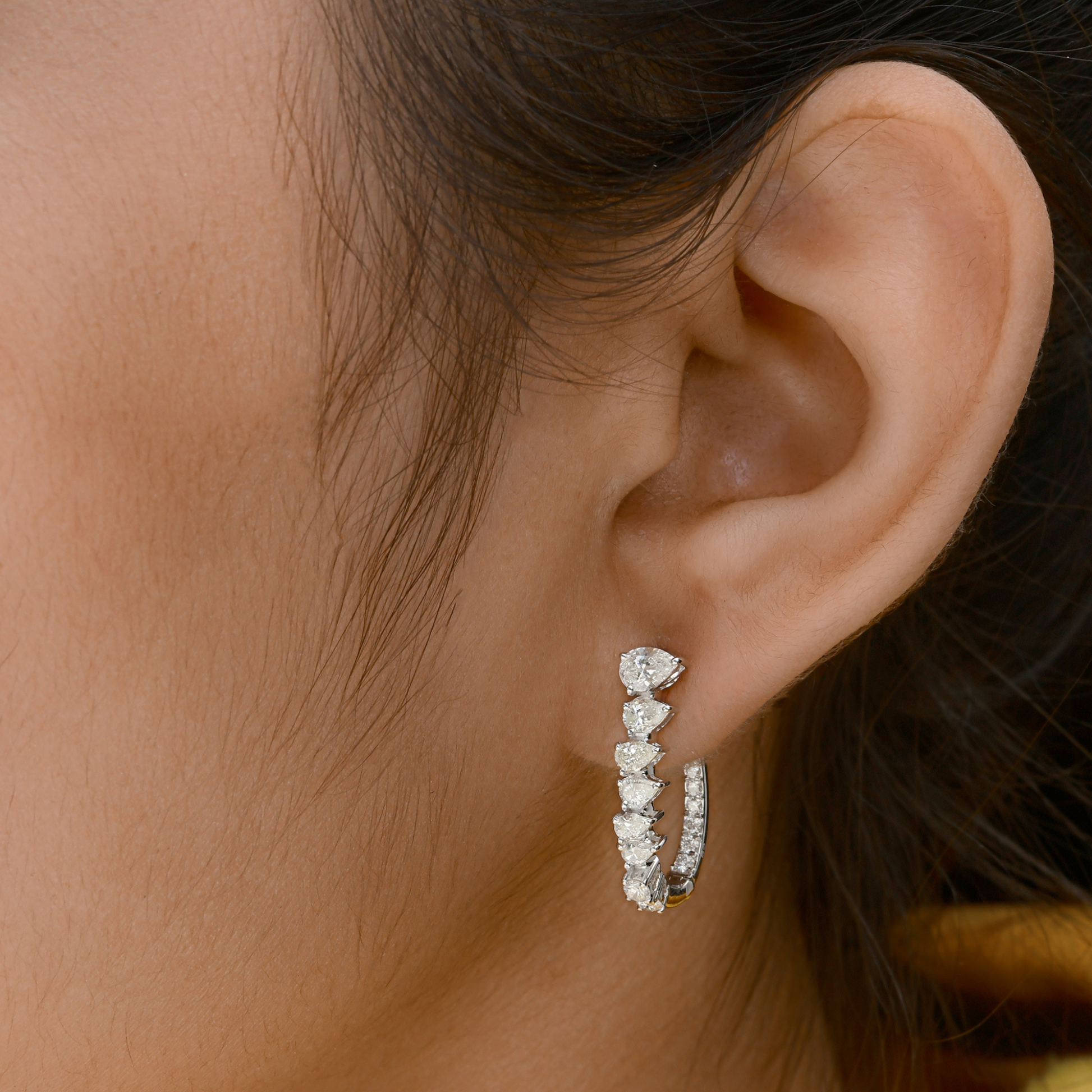 1.90 Carat H Color SI Clarity Pear Round Diamond Hoop Earrings