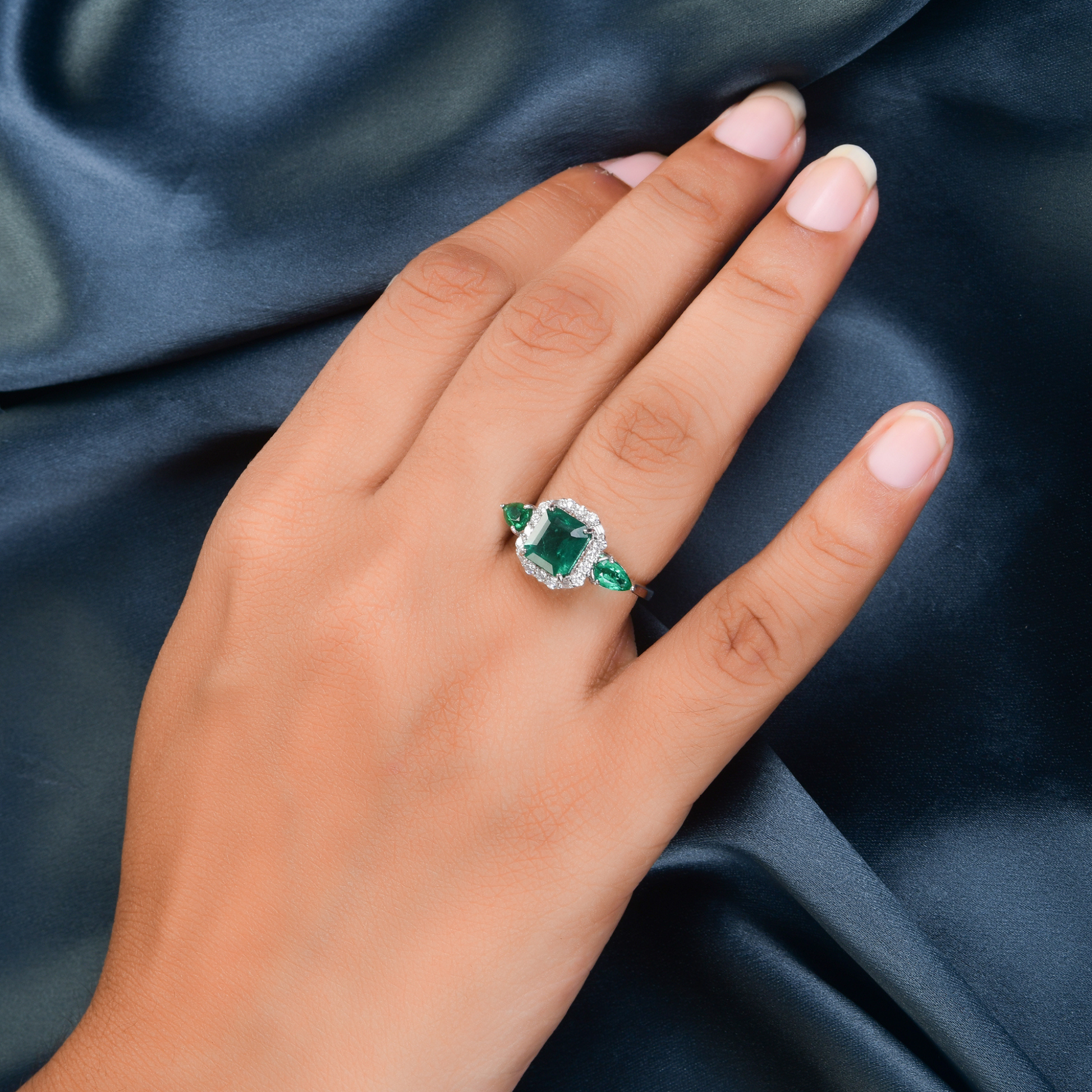 Certified Nature Inspired Emerald Gemstone Halo Ring with Gold Diamonds