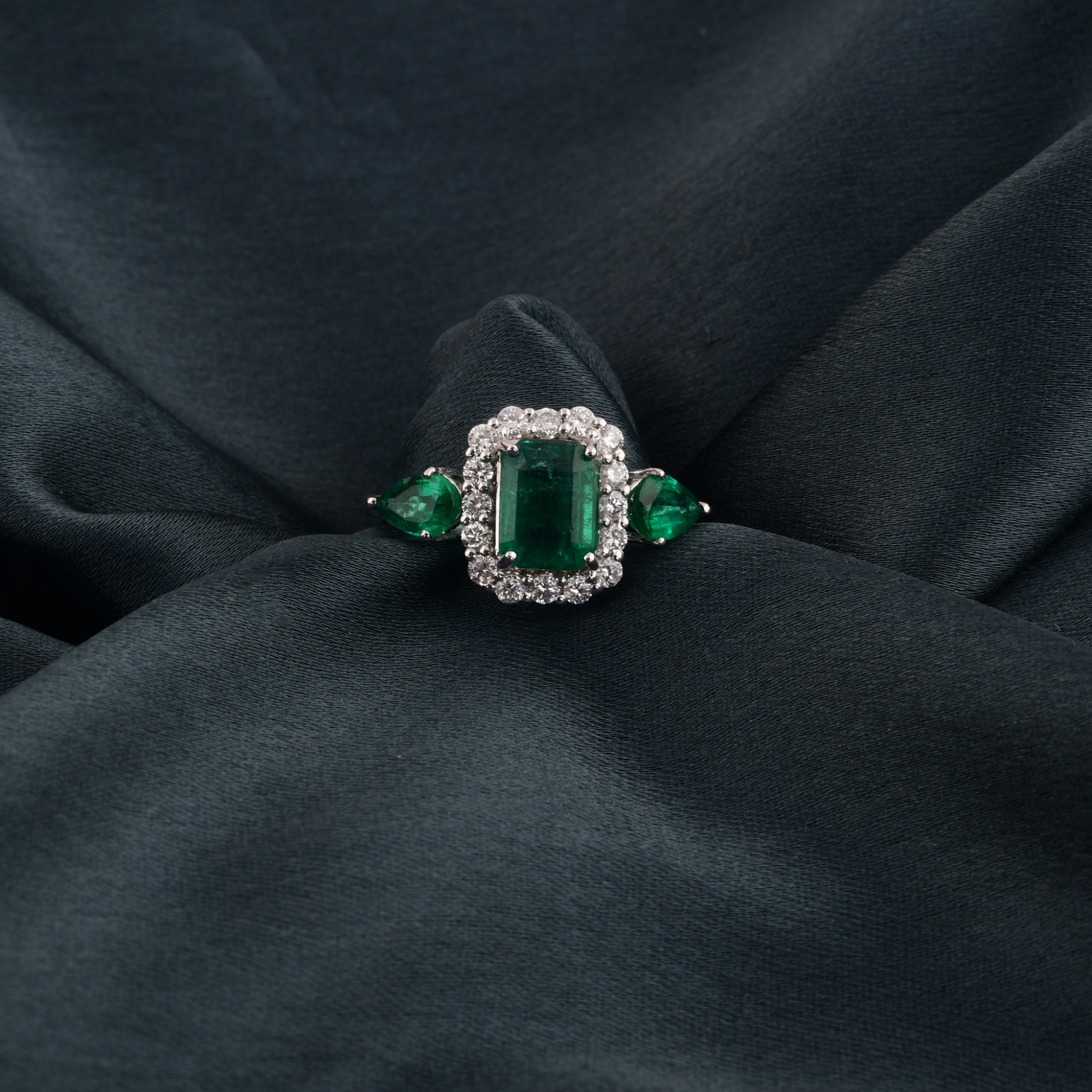 Vintage Style Zambian Emerald & Diamond Halo Wedding Anniversary Ring in Fine Gold