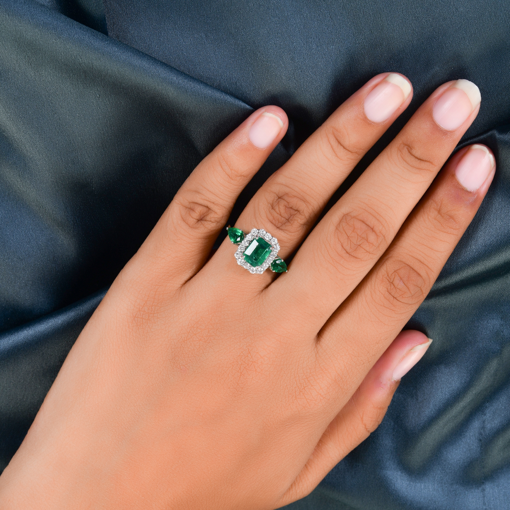 Vintage Style Zambian Emerald & Diamond Halo Wedding Anniversary Ring in Fine Gold