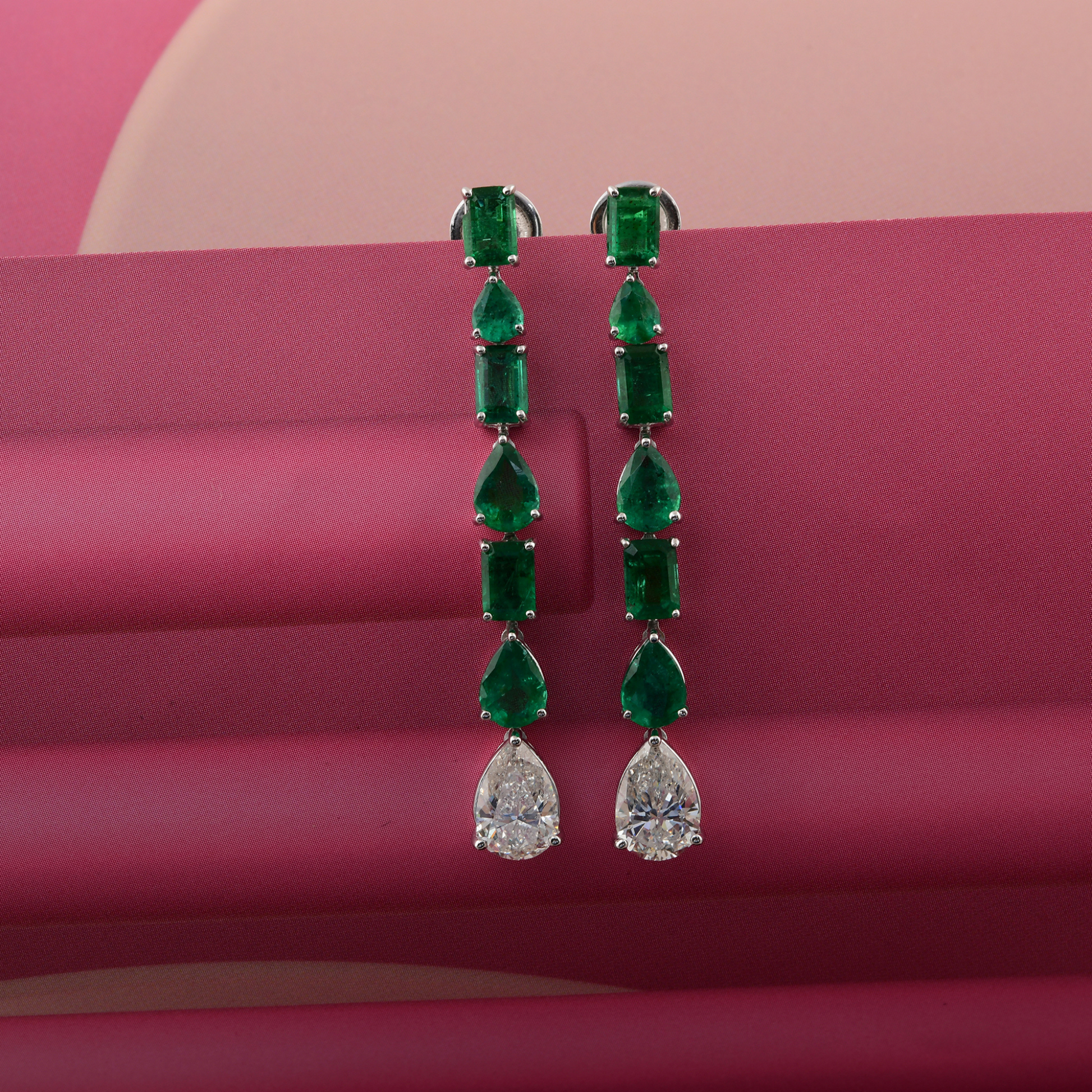 Gold Dangle Earrings with Natural Emeralds & Pear Cut Diamonds