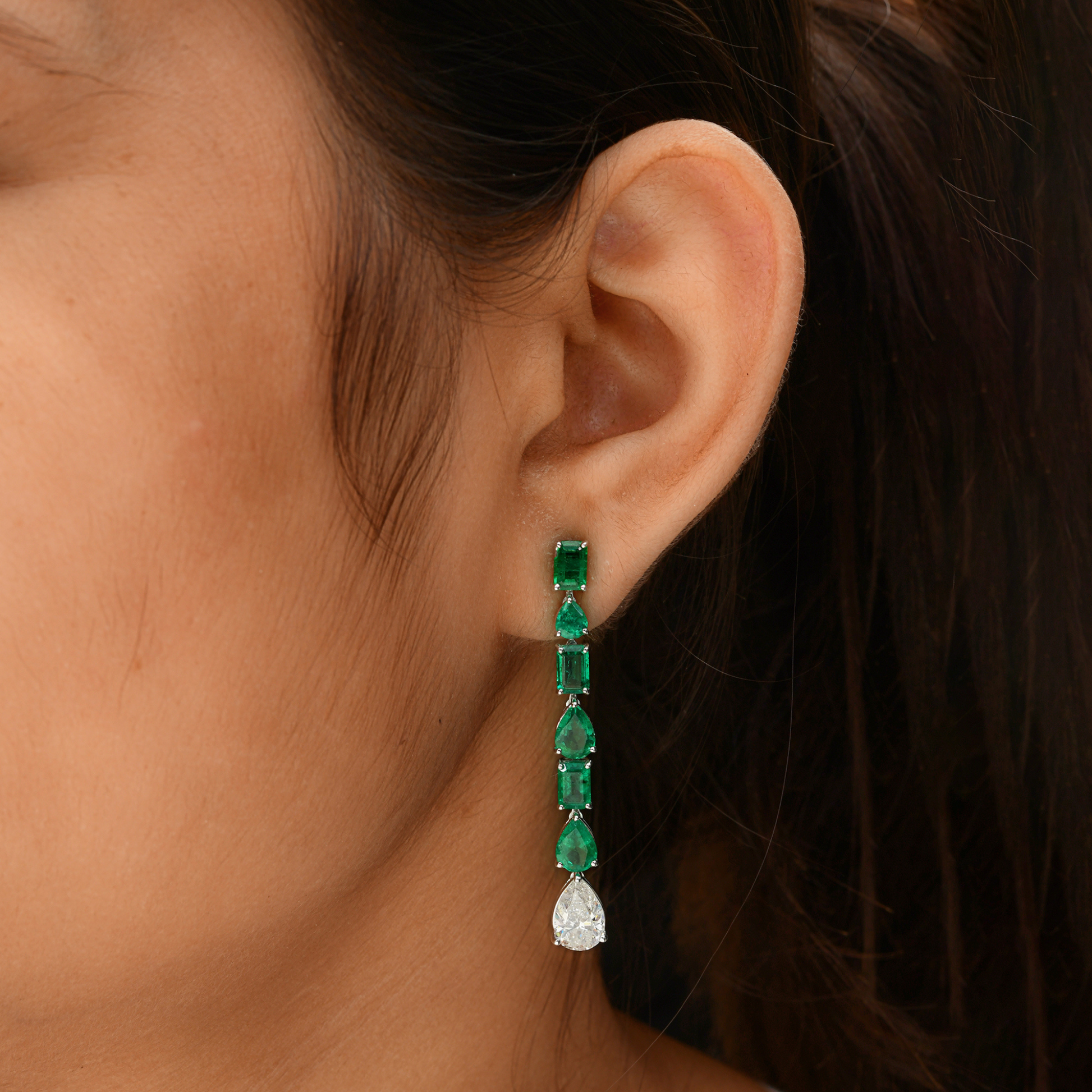 Gold Dangle Earrings with Natural Emeralds & Pear Cut Diamonds