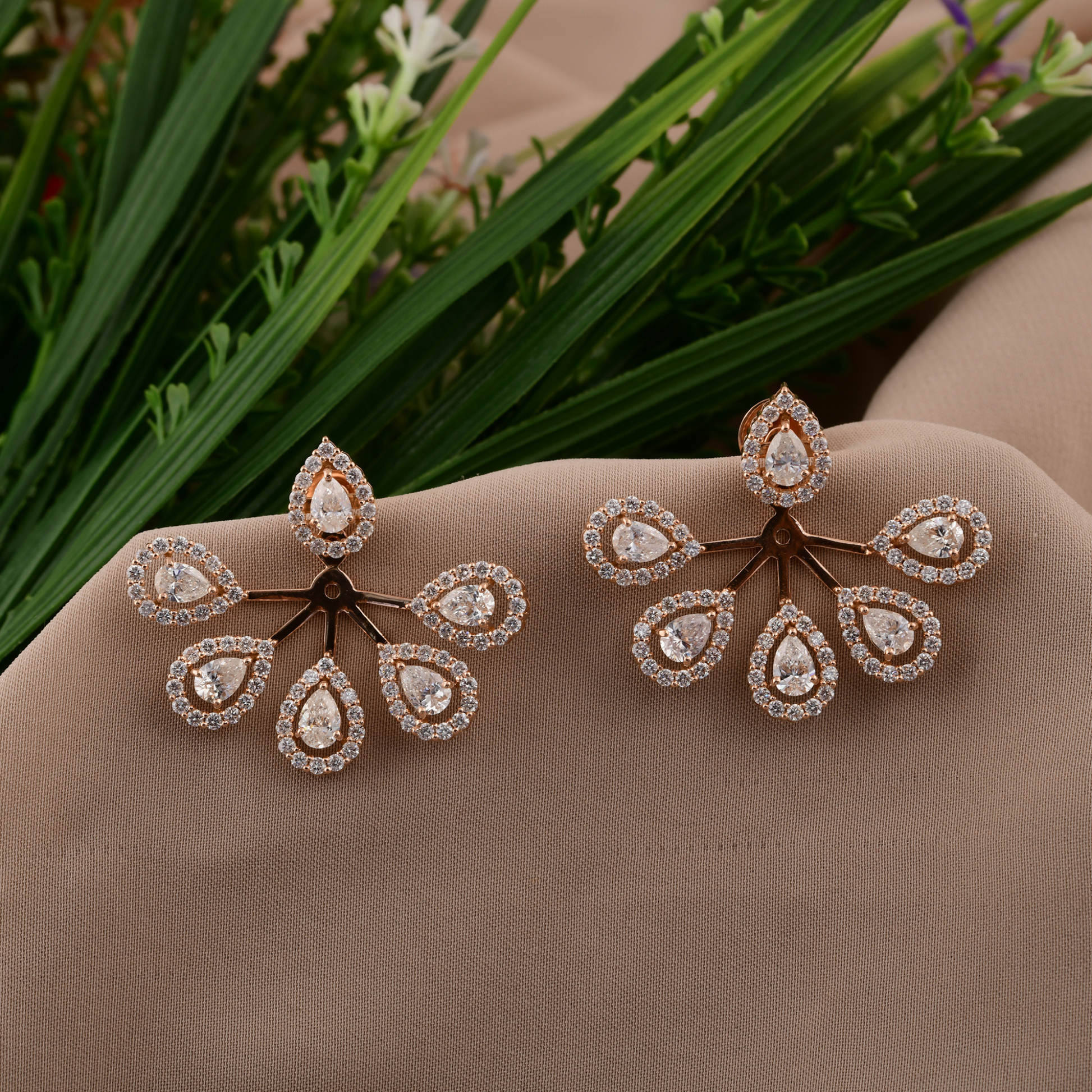 Floral Design Pear Round Natural Diamond Jacket Cluster Gold Earrings