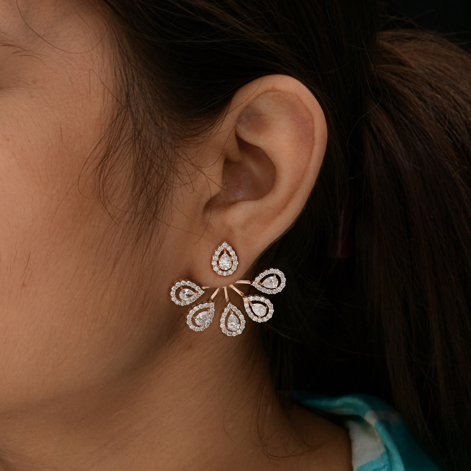 Floral Design Pear Round Natural Diamond Jacket Cluster Gold Earrings