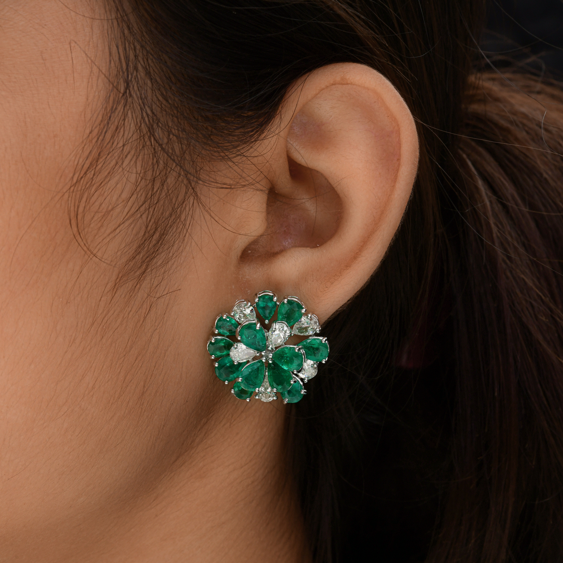 Natural H/SI Diamond Gold Pear Zambian Emerald Stud Earrings