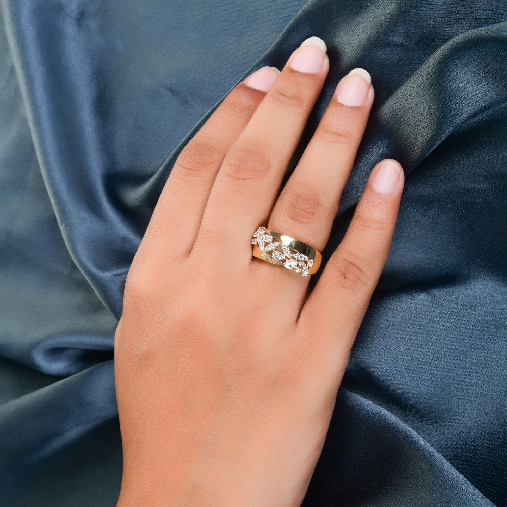 Wide Band Pave Set Natural Round Cut Diamond Statement Leaf Gold Ring