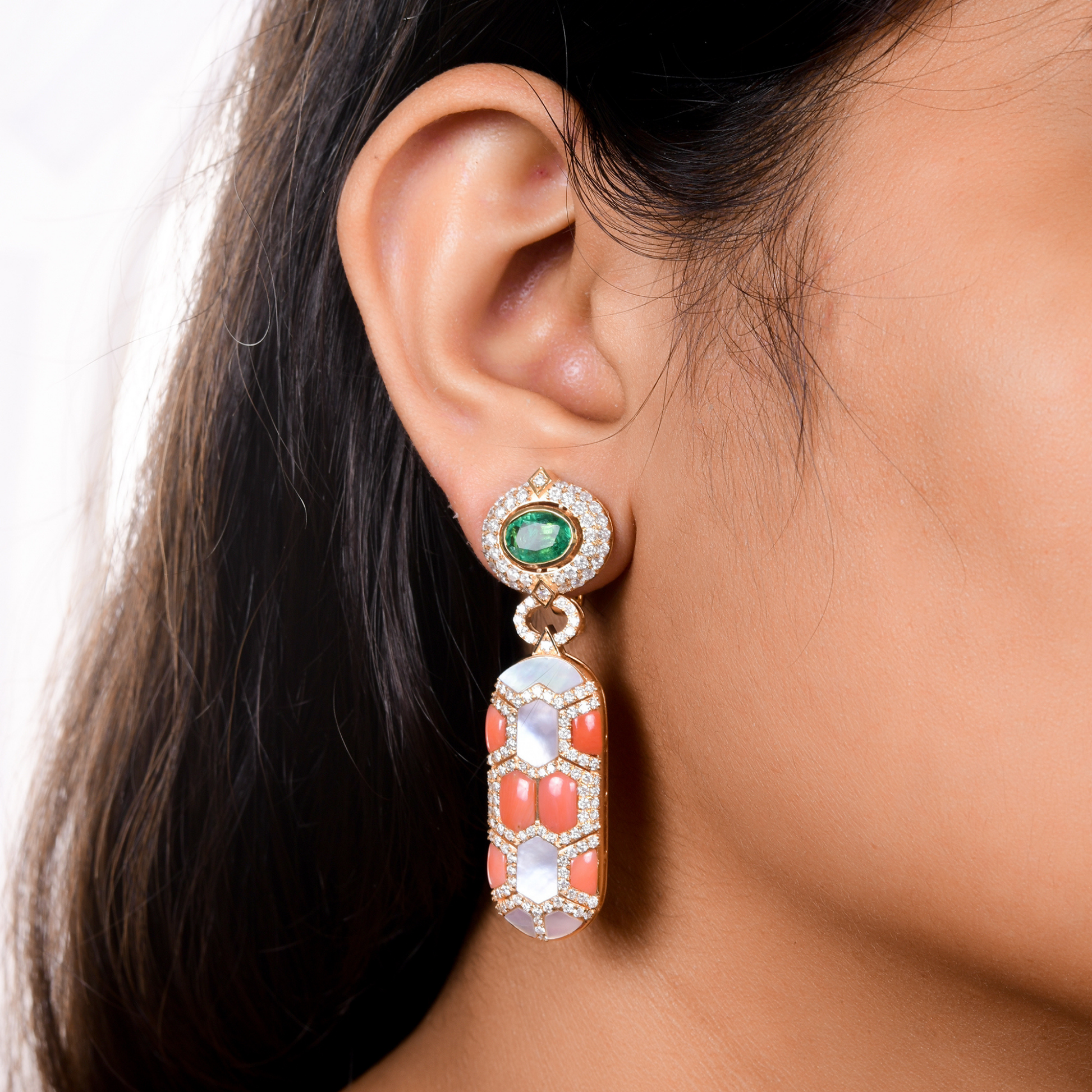 Solid Gold 11.08Tcw Emerald, Coral, Pearl & 3.15Ct. Natural Diamond Wedding Dangle Fine Earrings