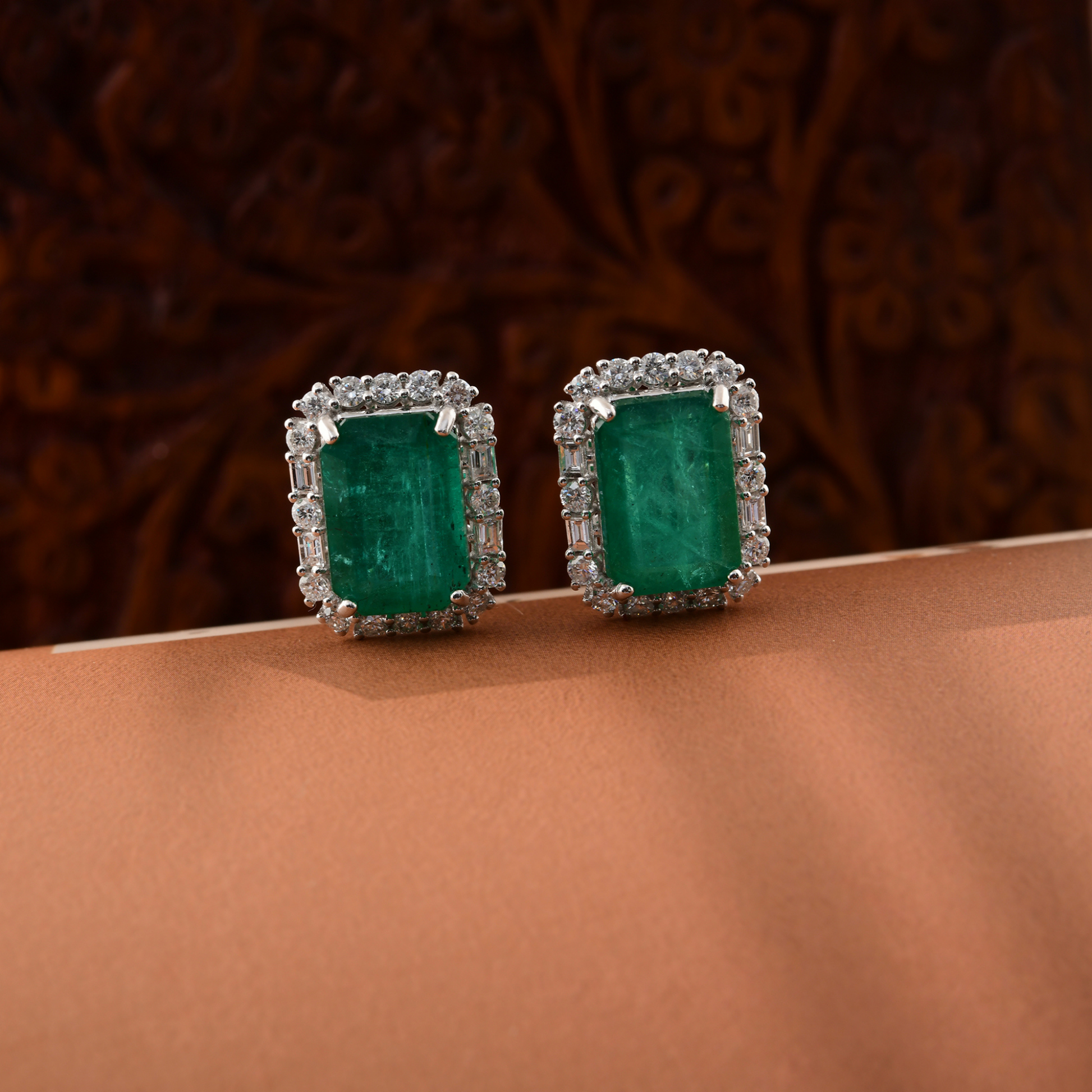 Natural Emerald Gemstone Studs in Fine Gold Diamond Handmade Earrings