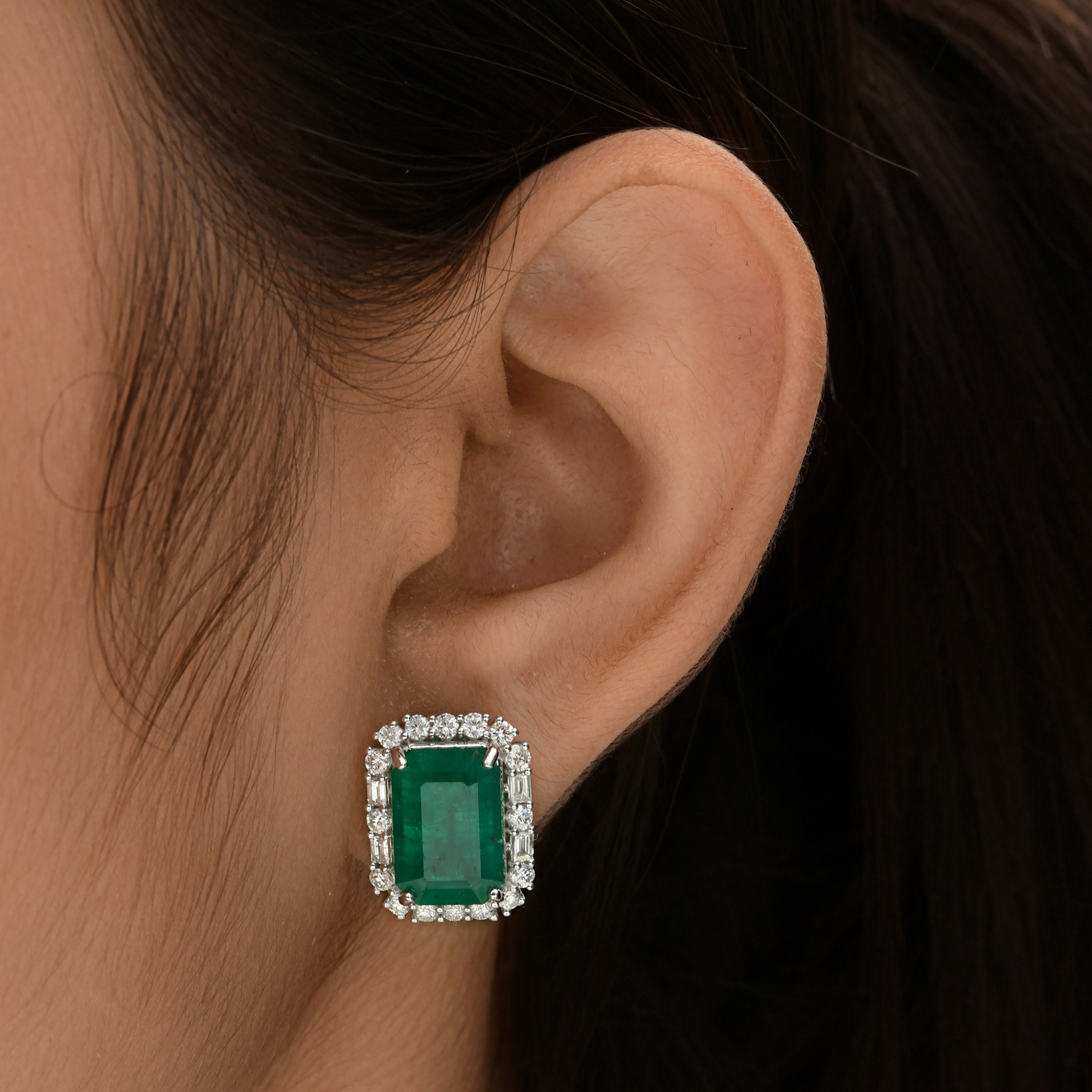Natural Emerald Gemstone Studs in Fine Gold Diamond Handmade Earrings