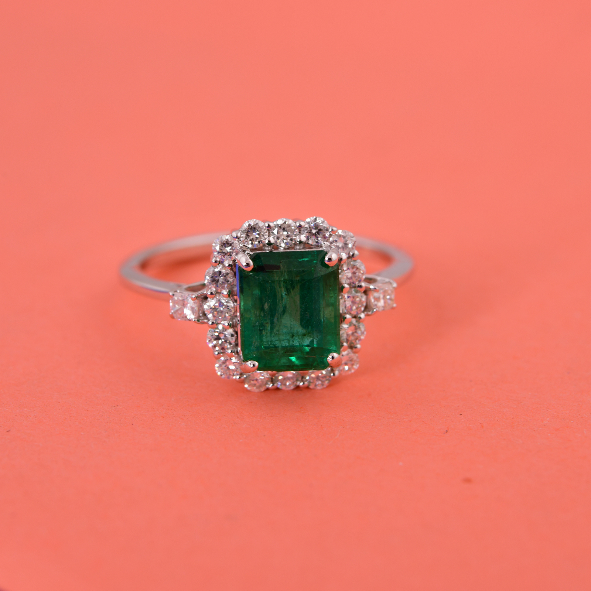 1.78 Carat Emerald Solitaire with Diamond Halo Engagement Solid Gold Fine Jewelry