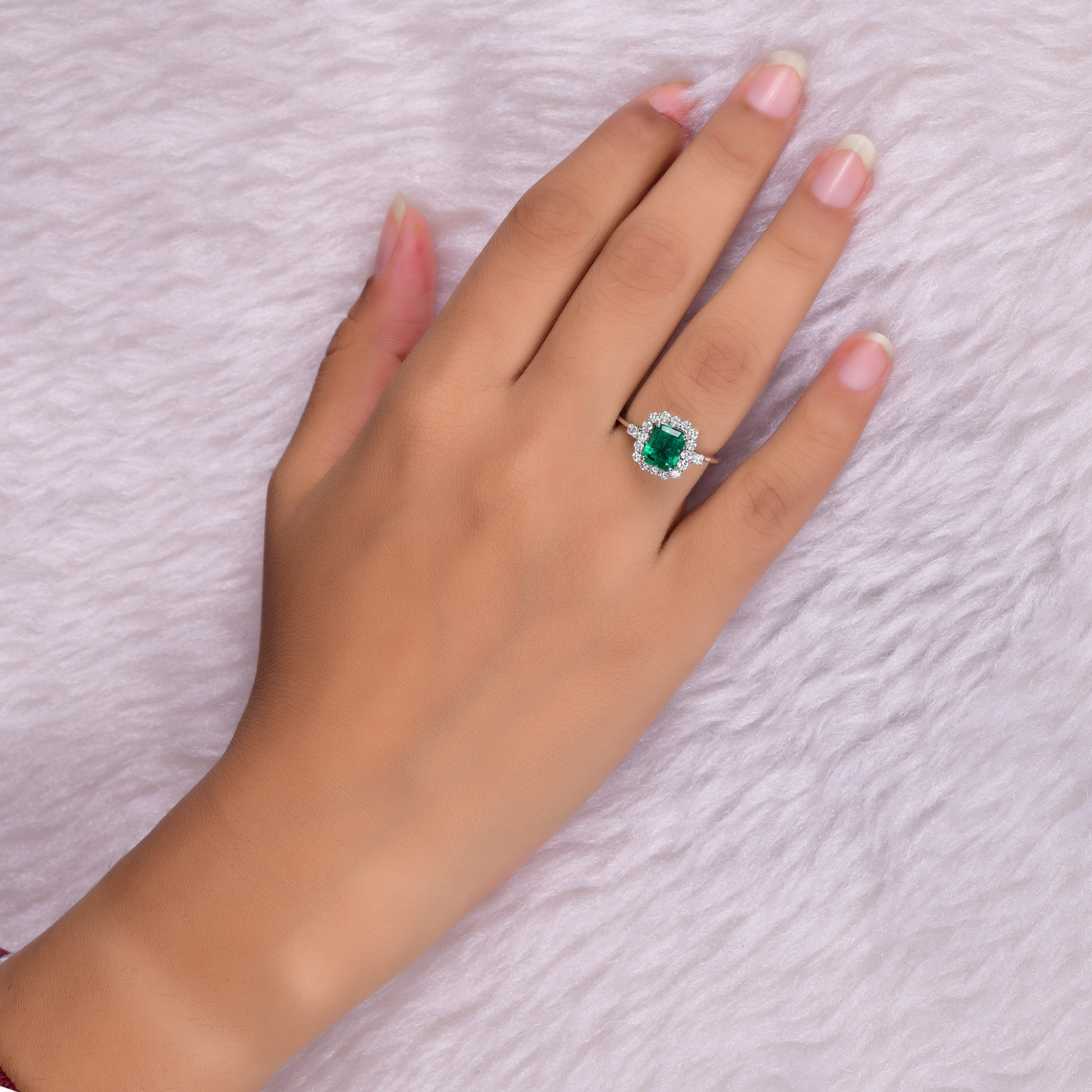 1.78 Carat Emerald Solitaire with Diamond Halo Engagement Solid Gold Fine Jewelry