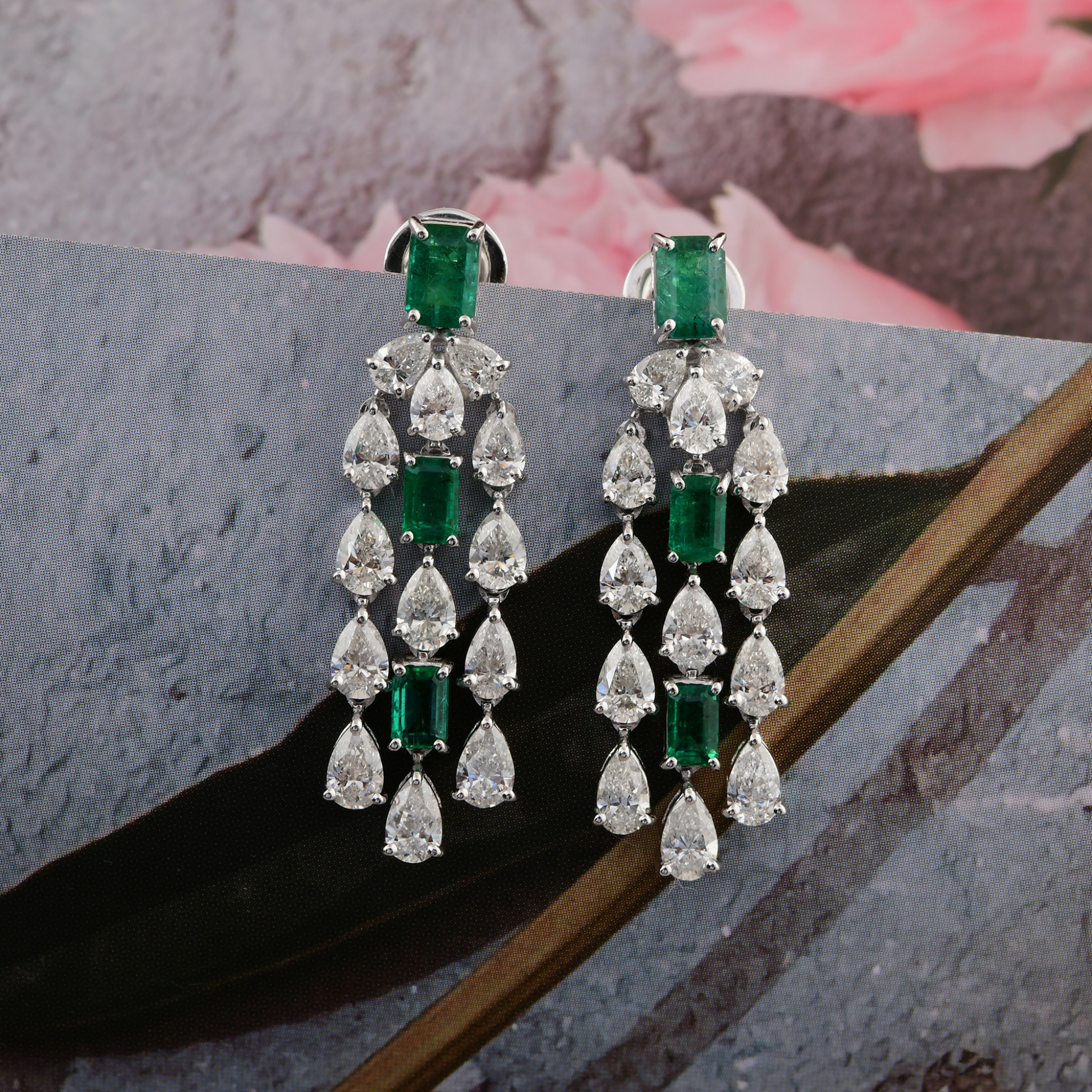 Fine Gold Natural Zambian Emerald Gemstone Diamond Dangle Drop Earrings