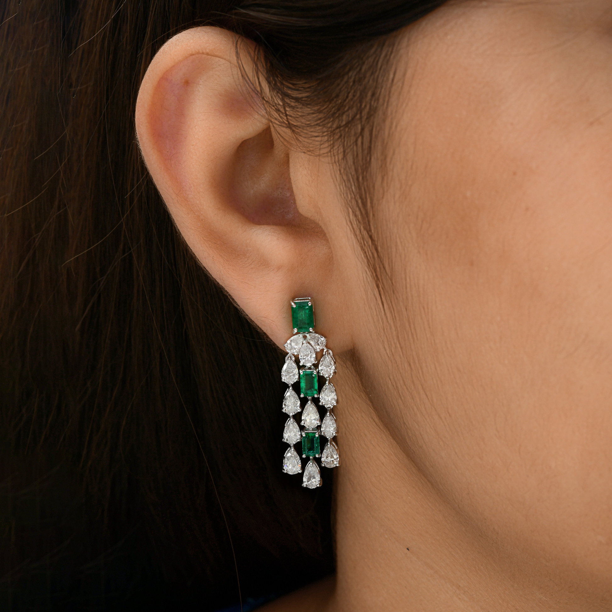 Fine Gold Natural Zambian Emerald Gemstone Diamond Dangle Drop Earrings