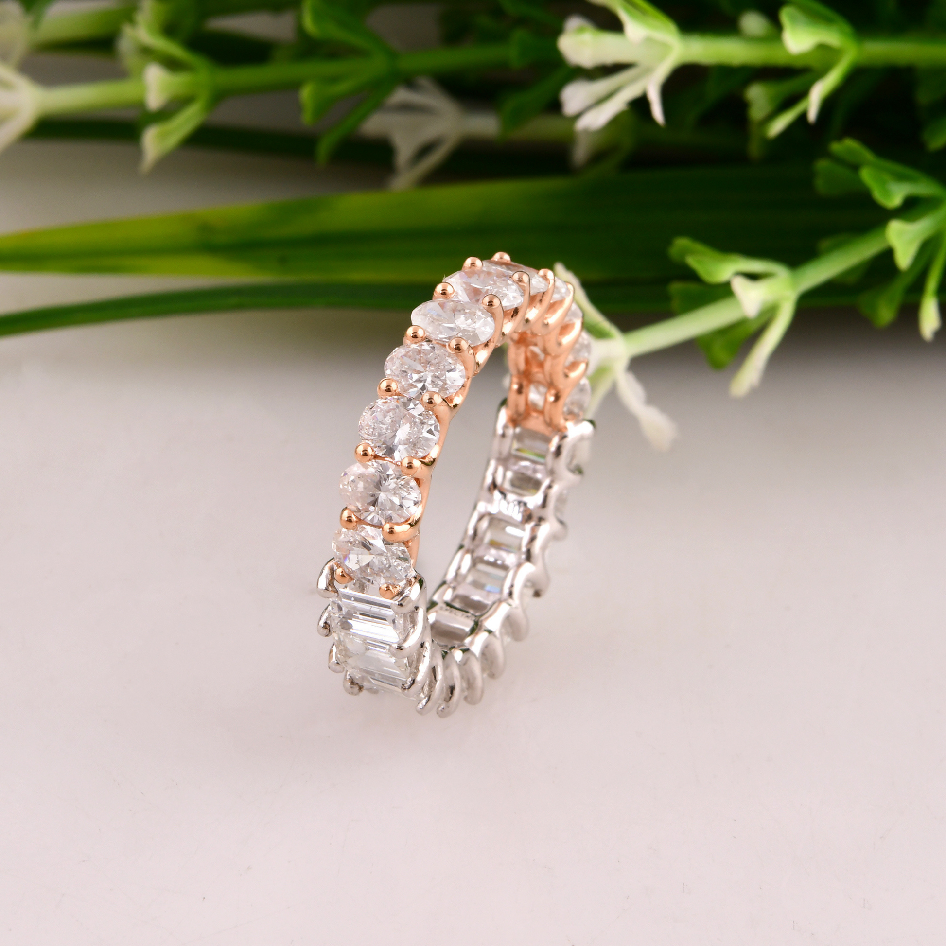 Dual Tone Full Eternity 3.85 Carat Prong Set Oval Diamond Wedding Band Ring