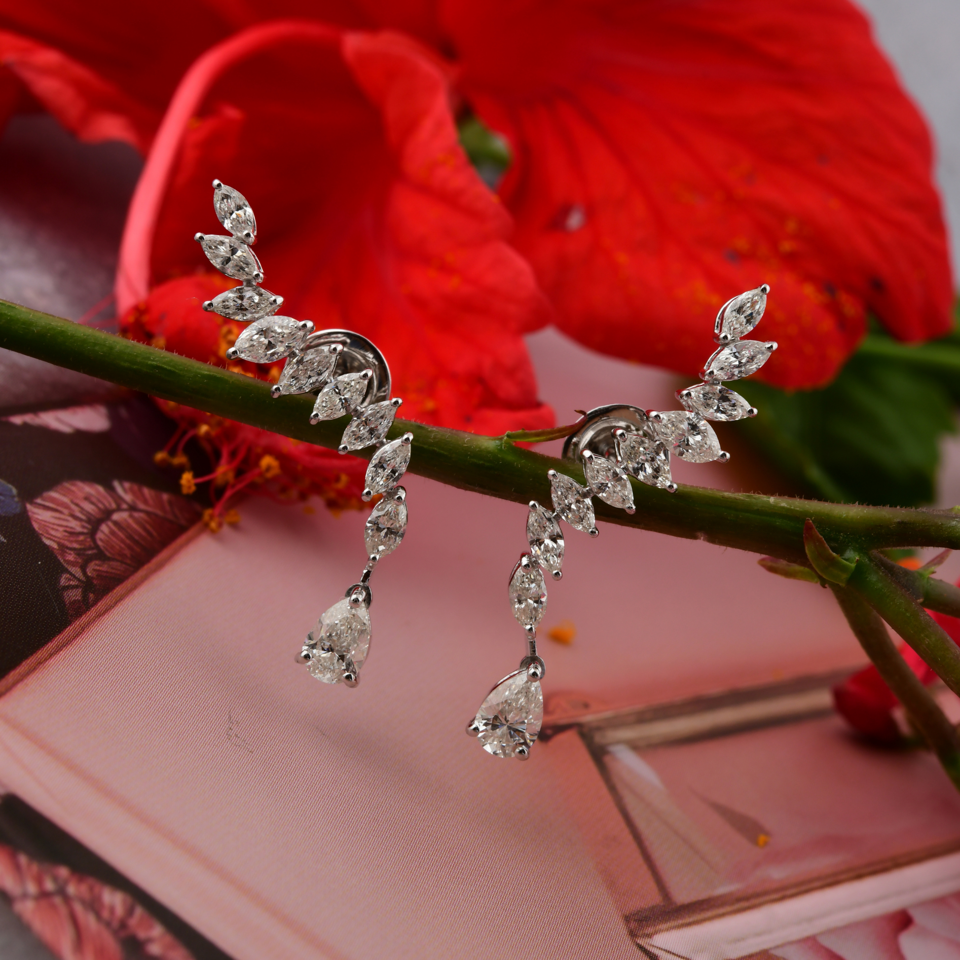 2.28 Carat Natural H/SI Pear Marquise Diamond Climber Earrings in Fine Gold