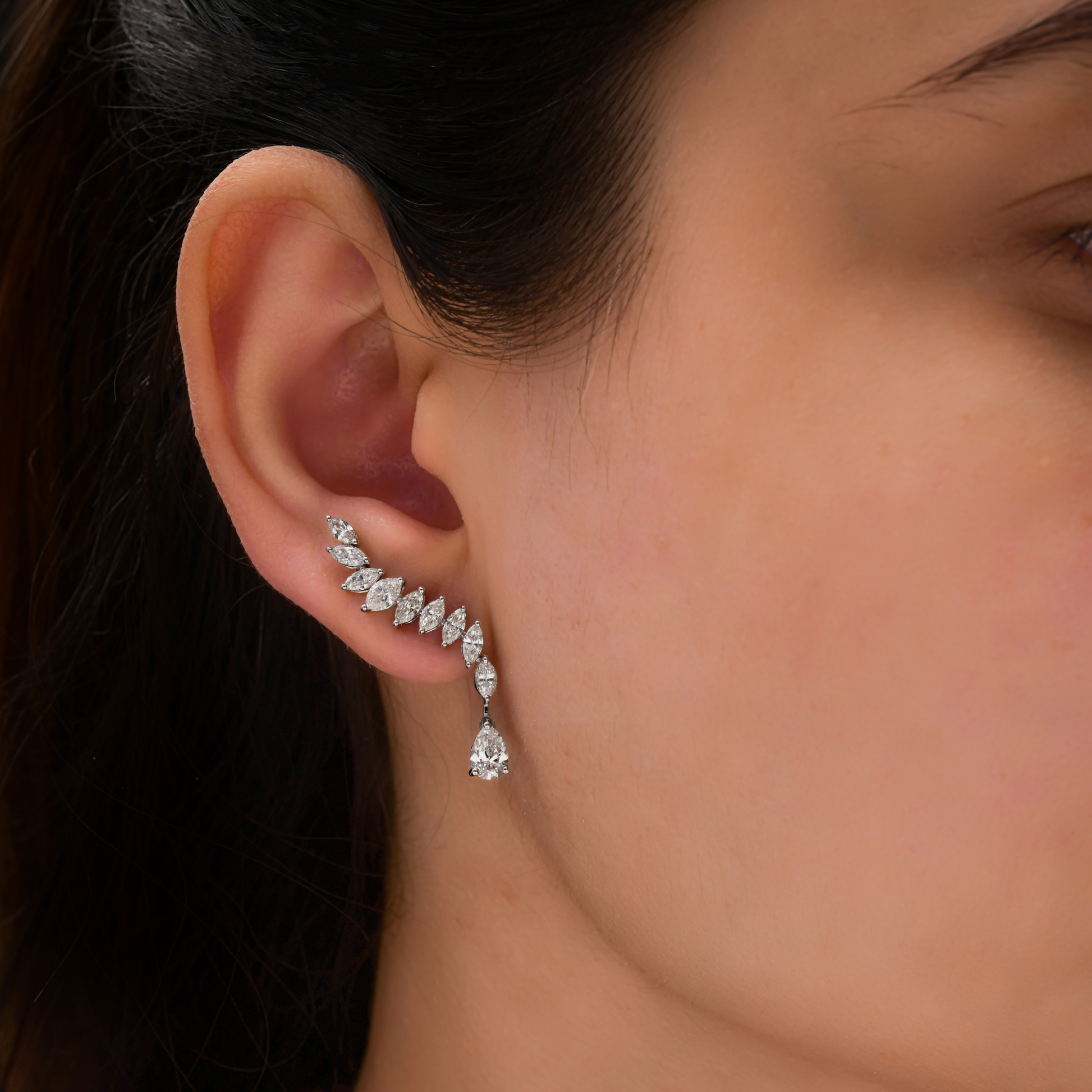 2.28 Carat Natural H/SI Pear Marquise Diamond Climber Earrings in Fine Gold