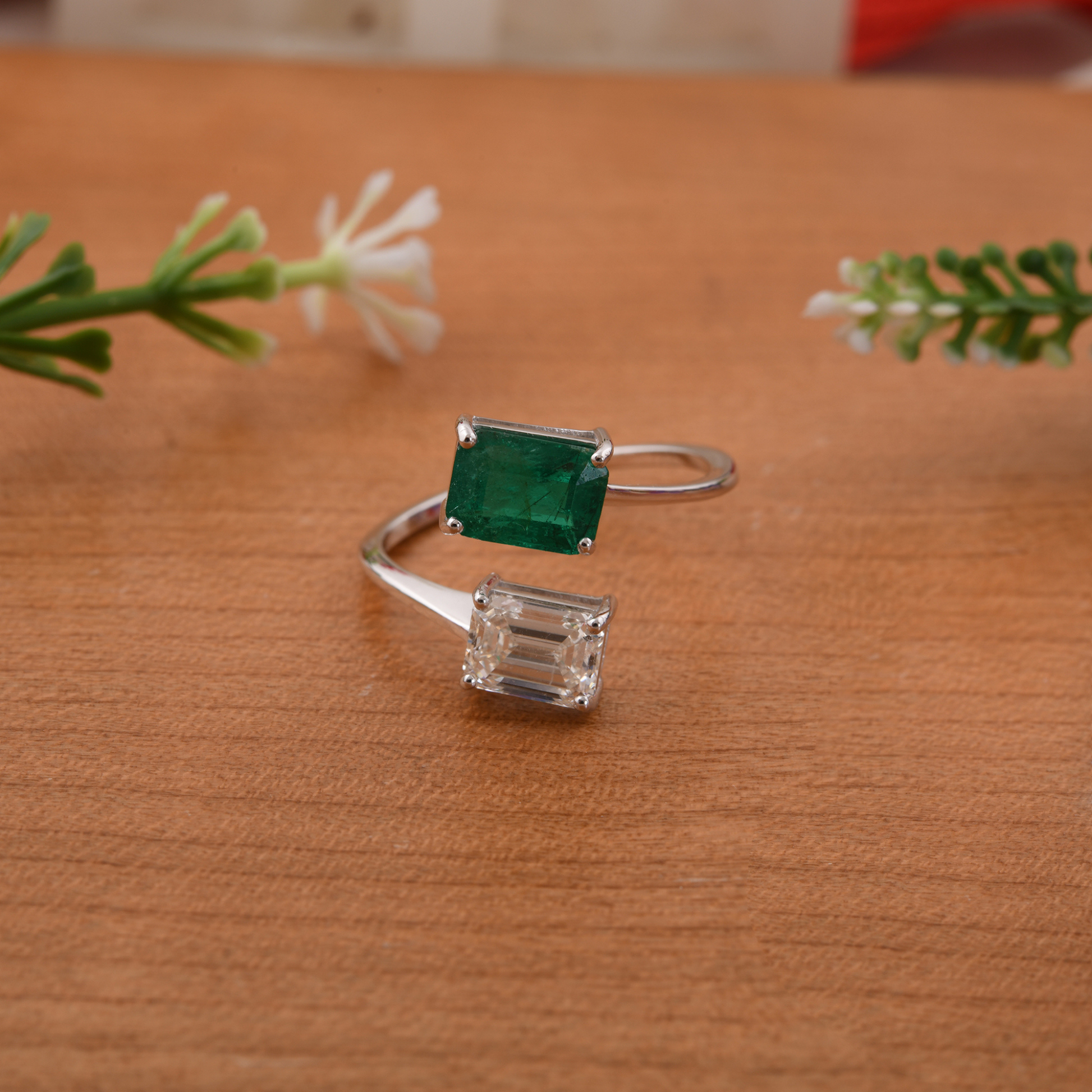 Octagon Cut Zambian Emerald 1.85 Tcw SI/HI Diamond Open Cuff Gold Ring