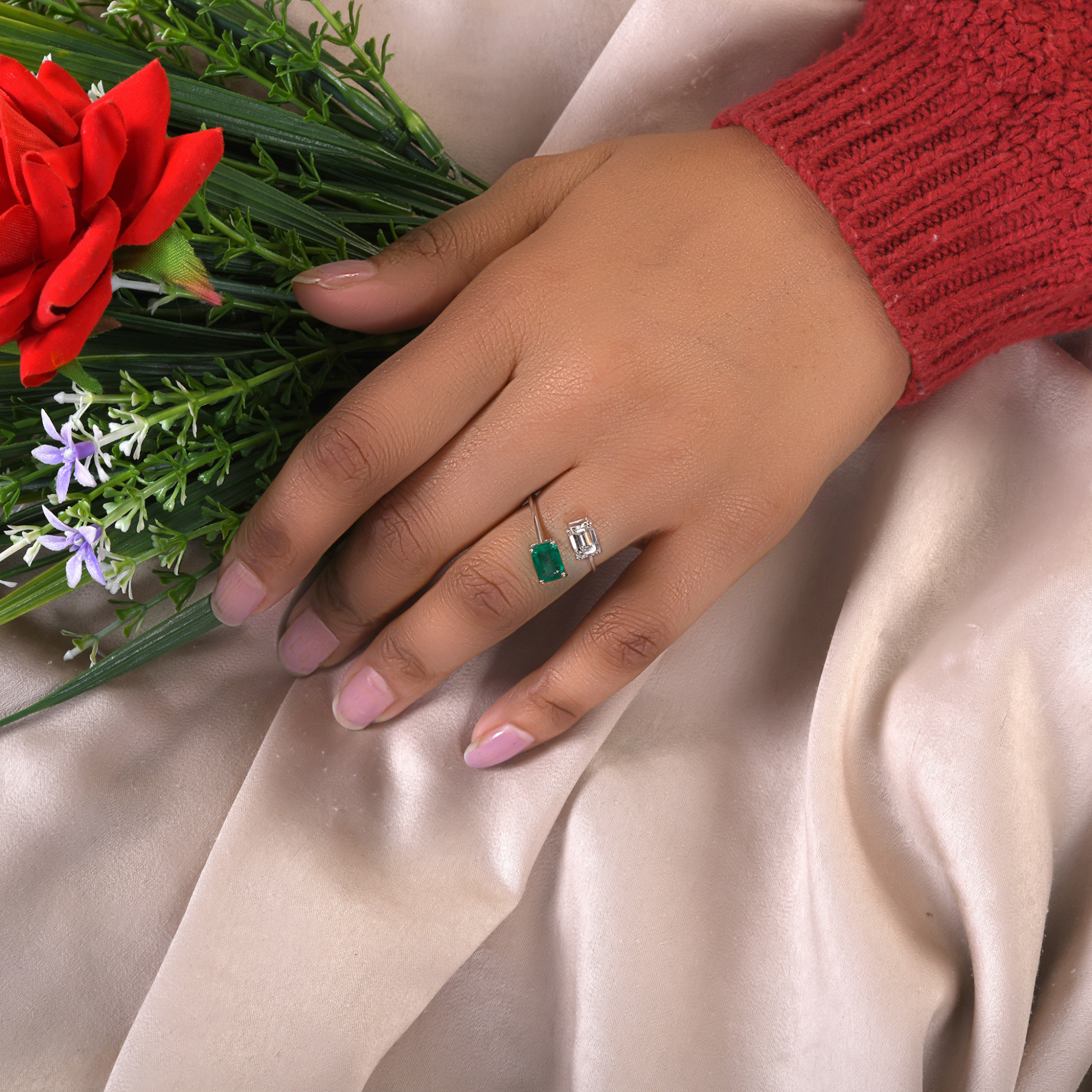 Octagon Cut Zambian Emerald 1.85 Tcw SI/HI Diamond Open Cuff Gold Ring