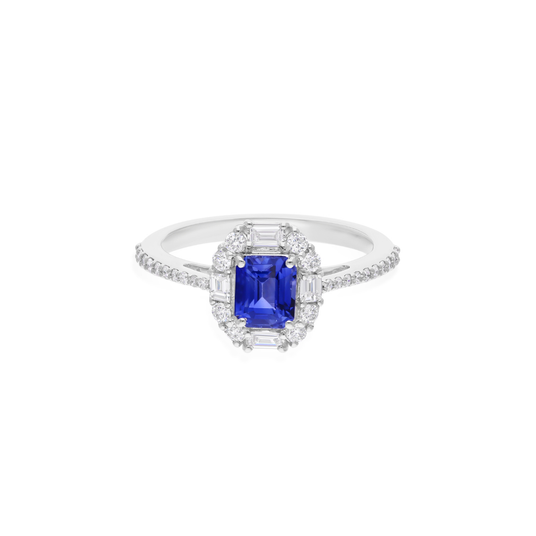 Solid Gold 1.00Ct. Blue Sapphire Natural Baguette & Round Halo Diamond Proposal Ring