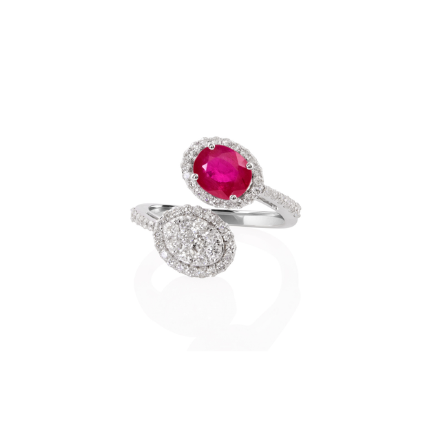 Statement Oval Cut Ruby Gemstone Diamond Cluster Bypass Ring
