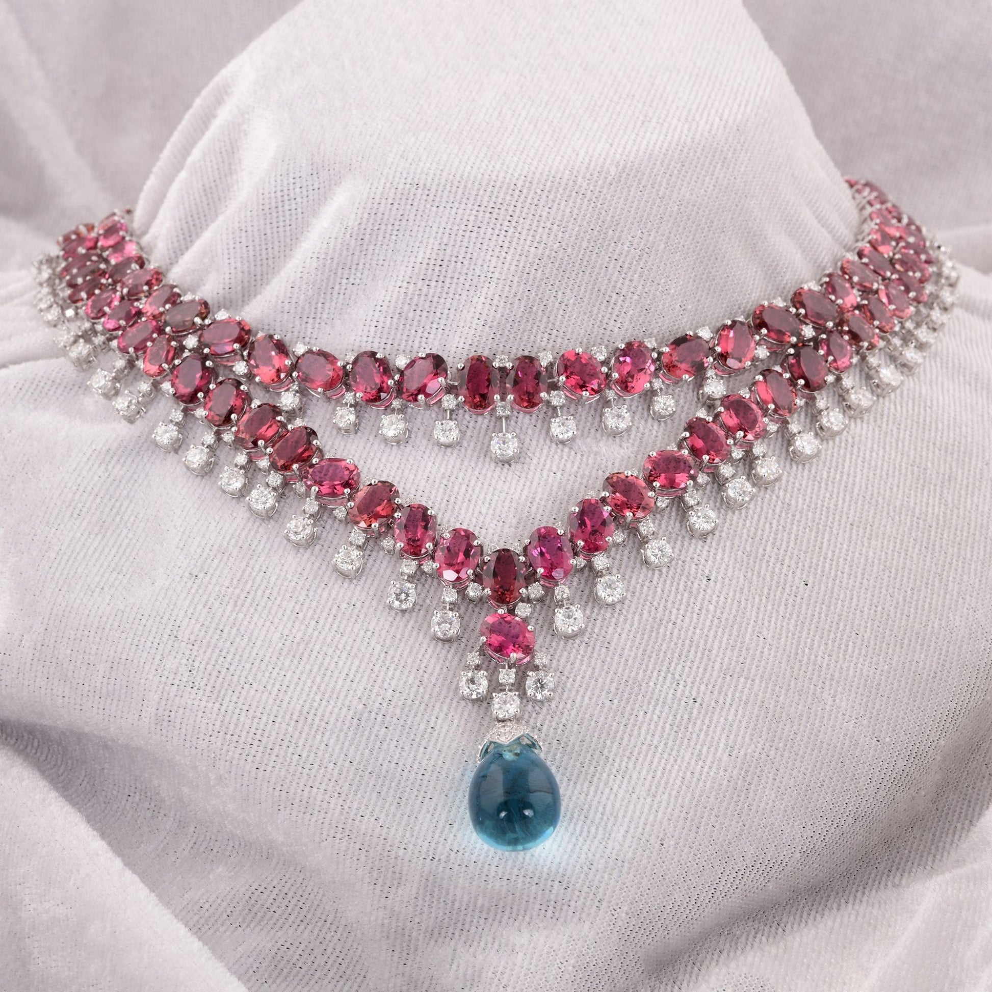 Blue Topaz Pendant Pink Tourmaline Natural Diamond Gold Layered Necklace