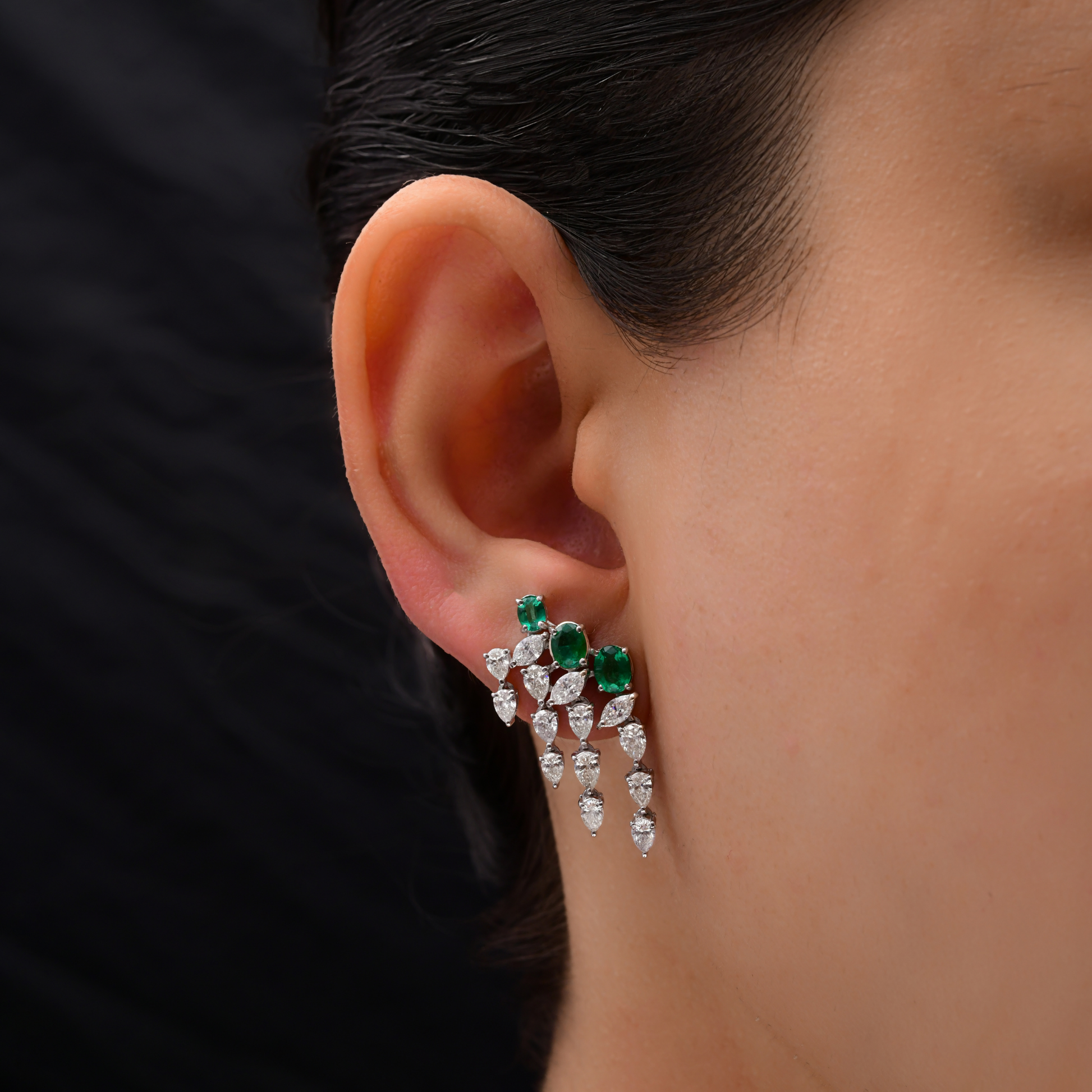 Pear Diamond & Oval Zambian Emerald Gemstone Ear Climber Earrings 3.82 Tcw