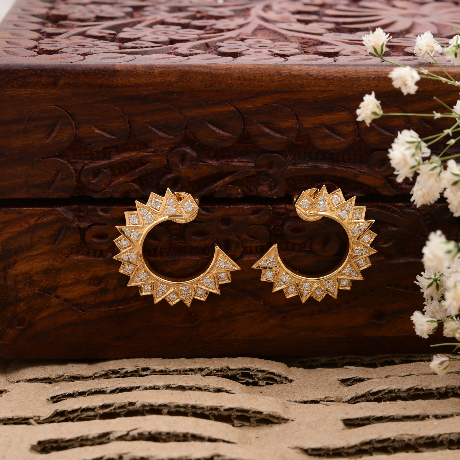 1.13 Carat HI/SI Round Pave Diamond Crescent Moon Hoop Gold Earrings