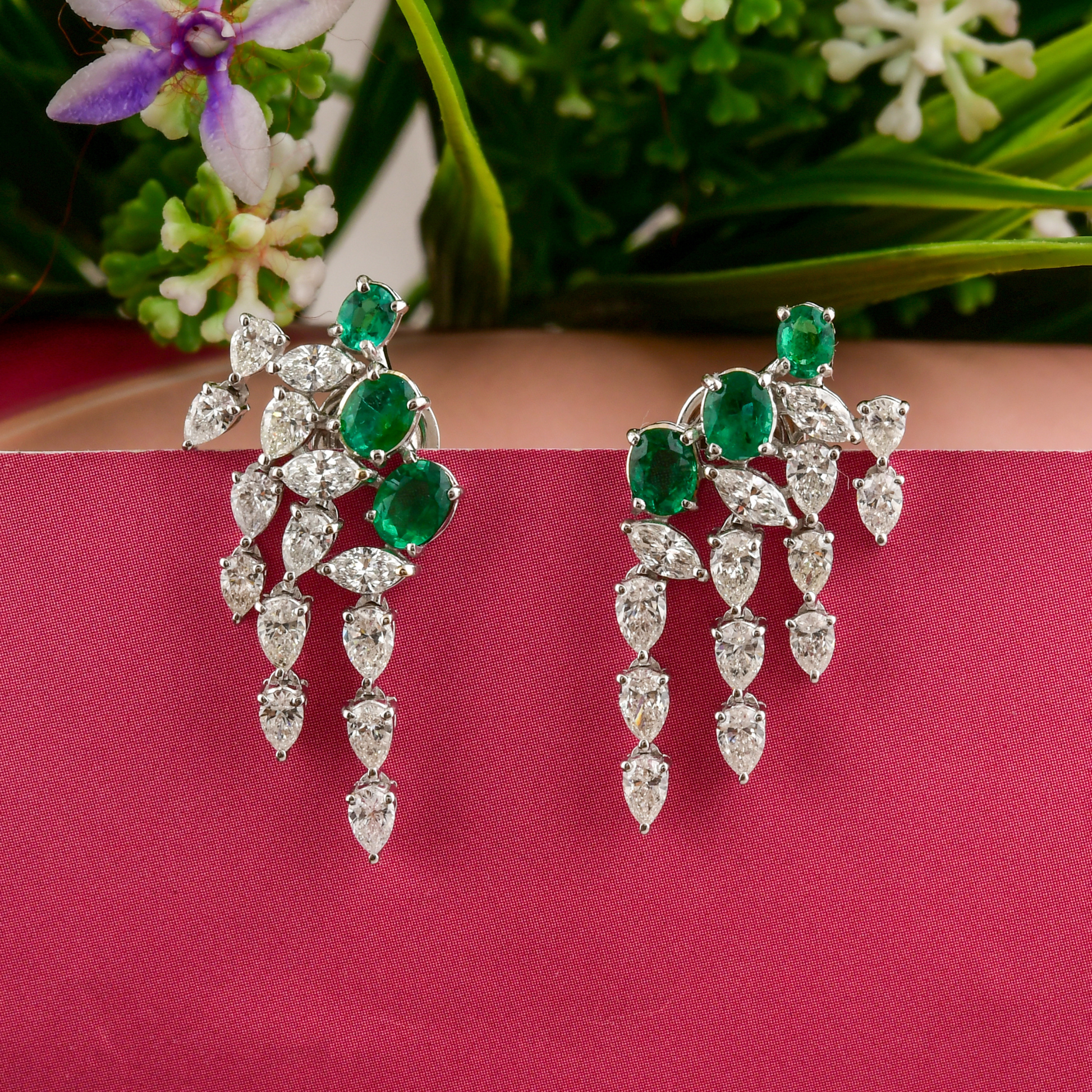 Pear Diamond & Oval Zambian Emerald Gemstone Ear Climber Earrings 3.82 Tcw