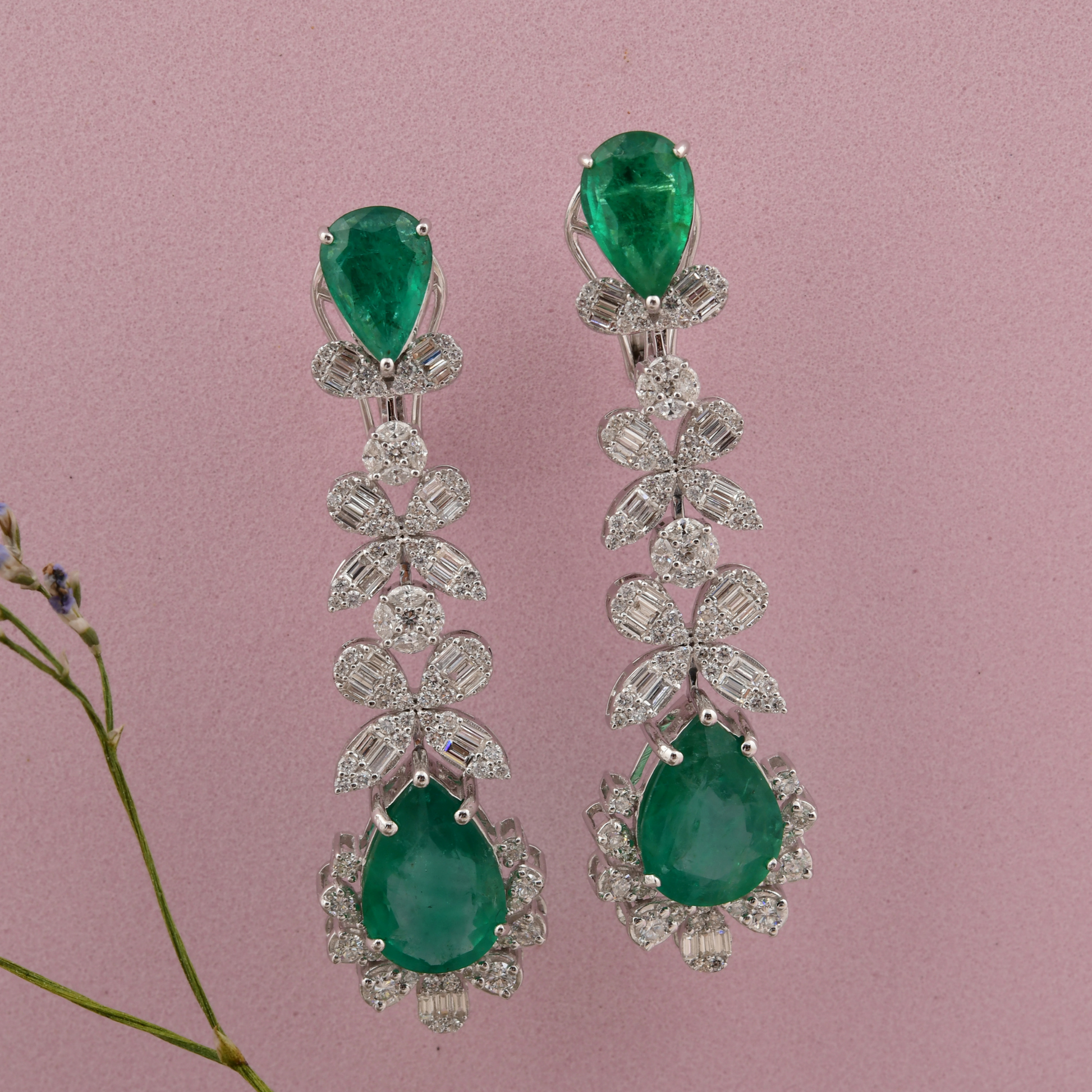 10.45 Tcw Floral Motif Diamond & Zambian Emerald Dangle Earrings in Fine Gold