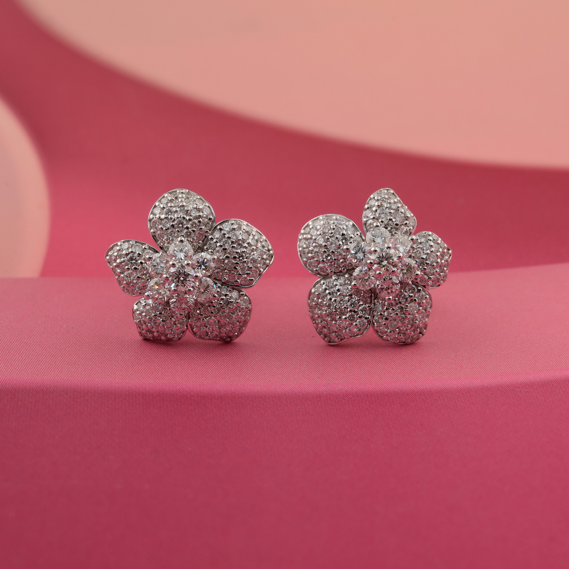 Pave Flower Shaped 1.85 Carat Diamond Cluster Stud Graduated Earrings