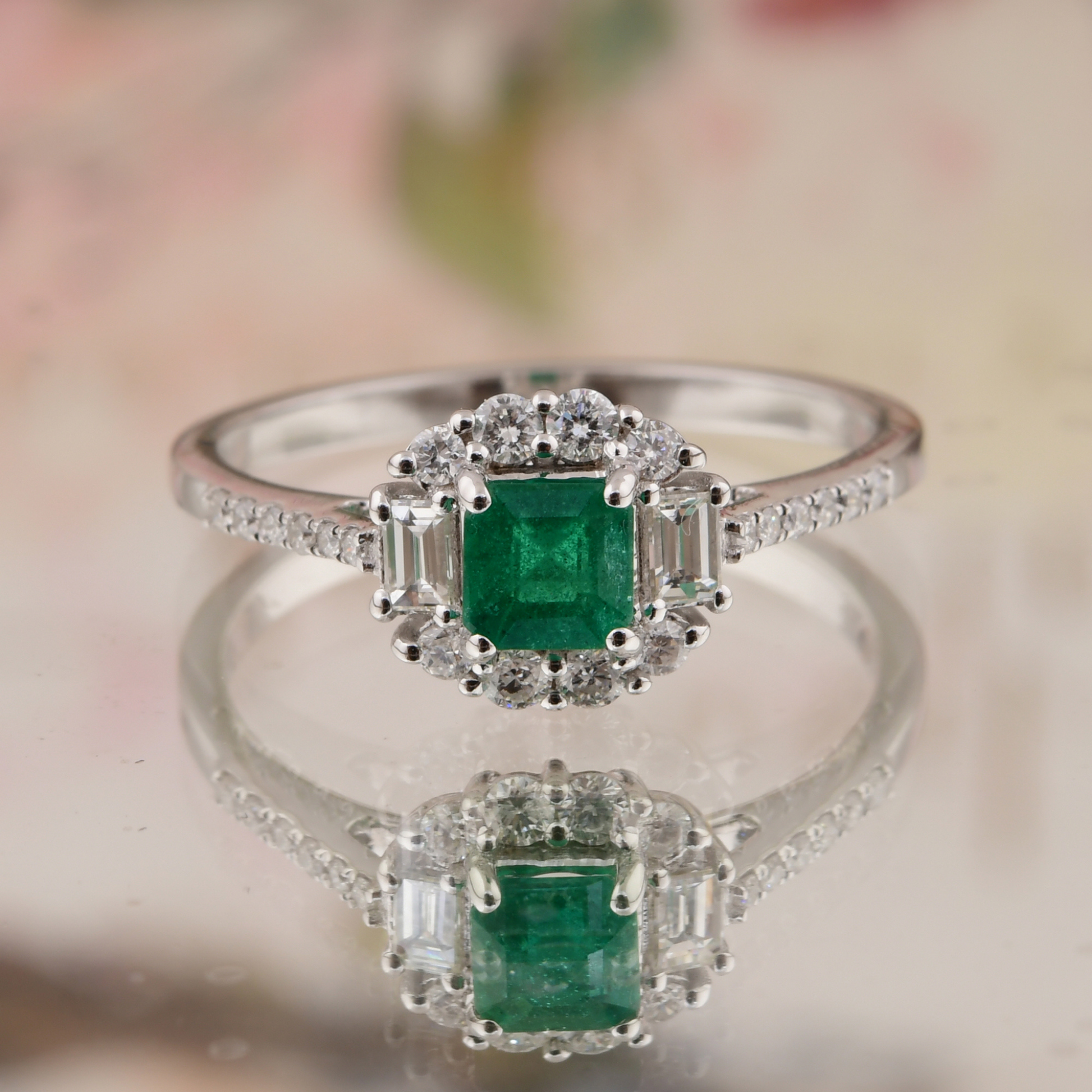 Baguette & Round Diamonds & Zambian Emerald Halo Ring in Fine Gold