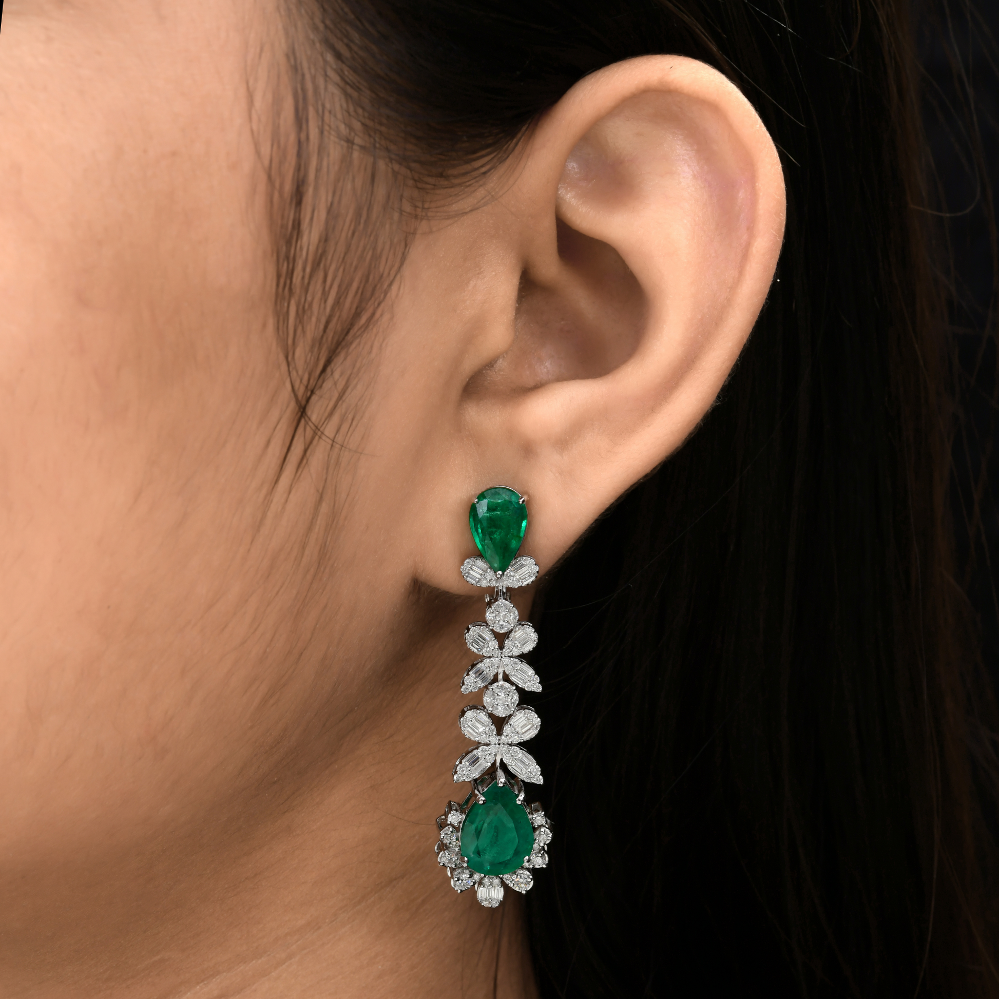 10.45 Tcw Floral Motif Diamond & Zambian Emerald Dangle Earrings in Fine Gold