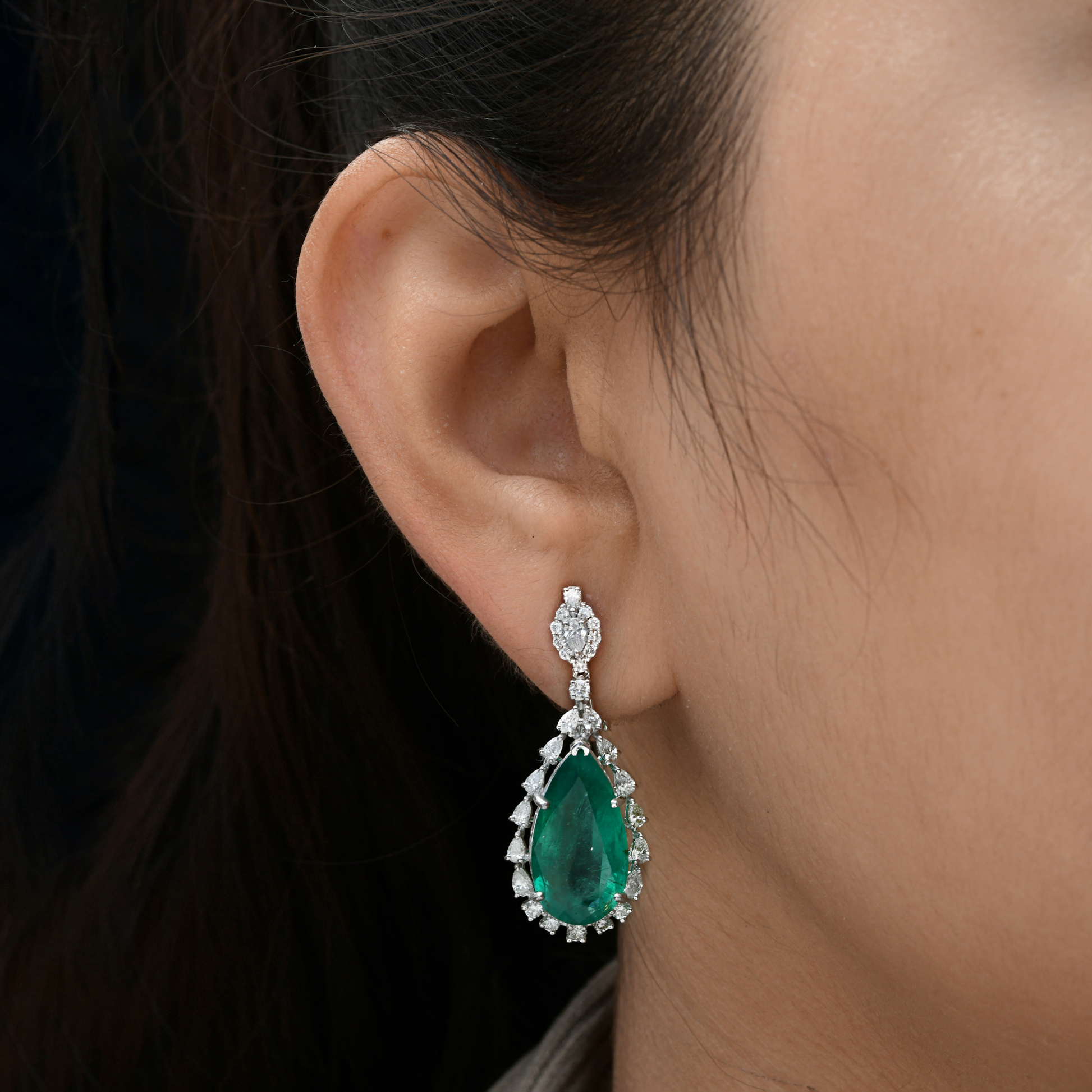 Pear Shape Zambian Emerald Gemstone and Gold Diamond Drop Earrings