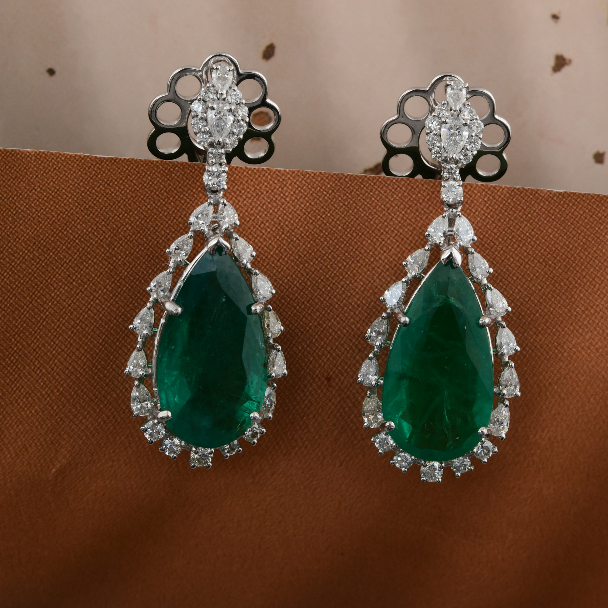 Pear Shape Zambian Emerald Gemstone and Gold Diamond Drop Earrings