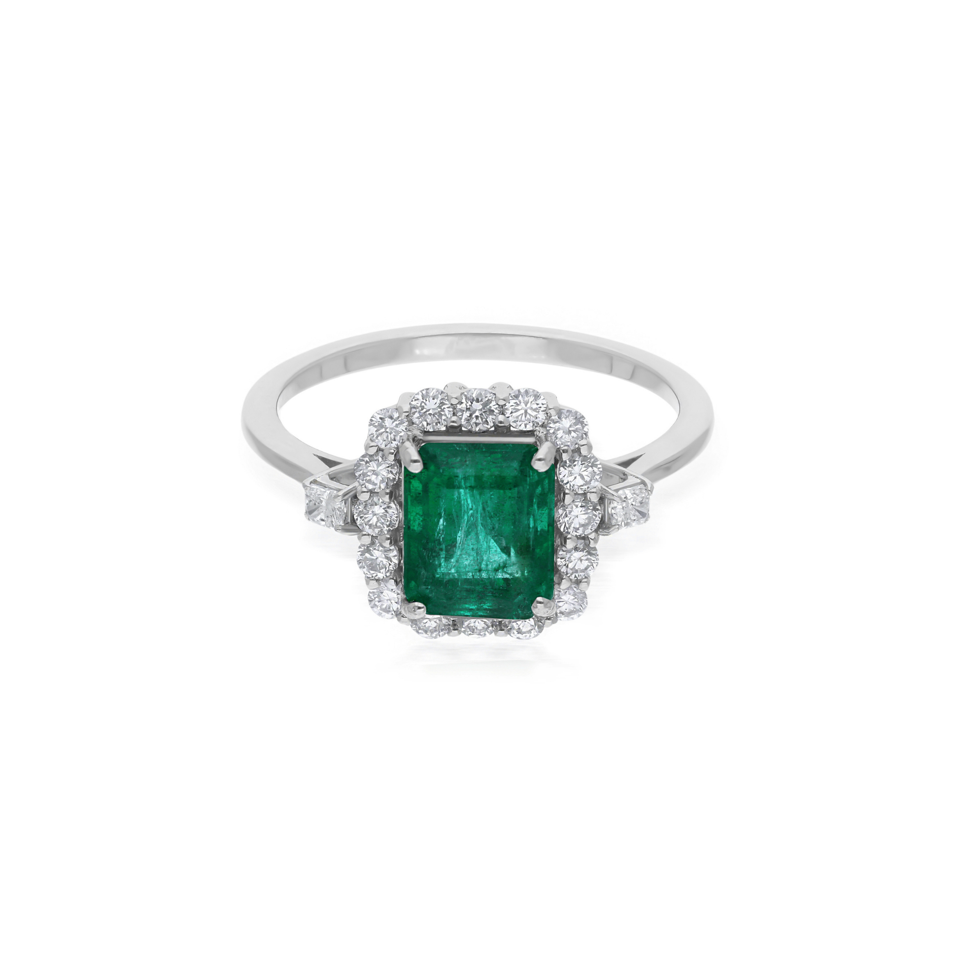 1.78 Carat Emerald Solitaire with Diamond Halo Engagement Solid Gold Fine Jewelry