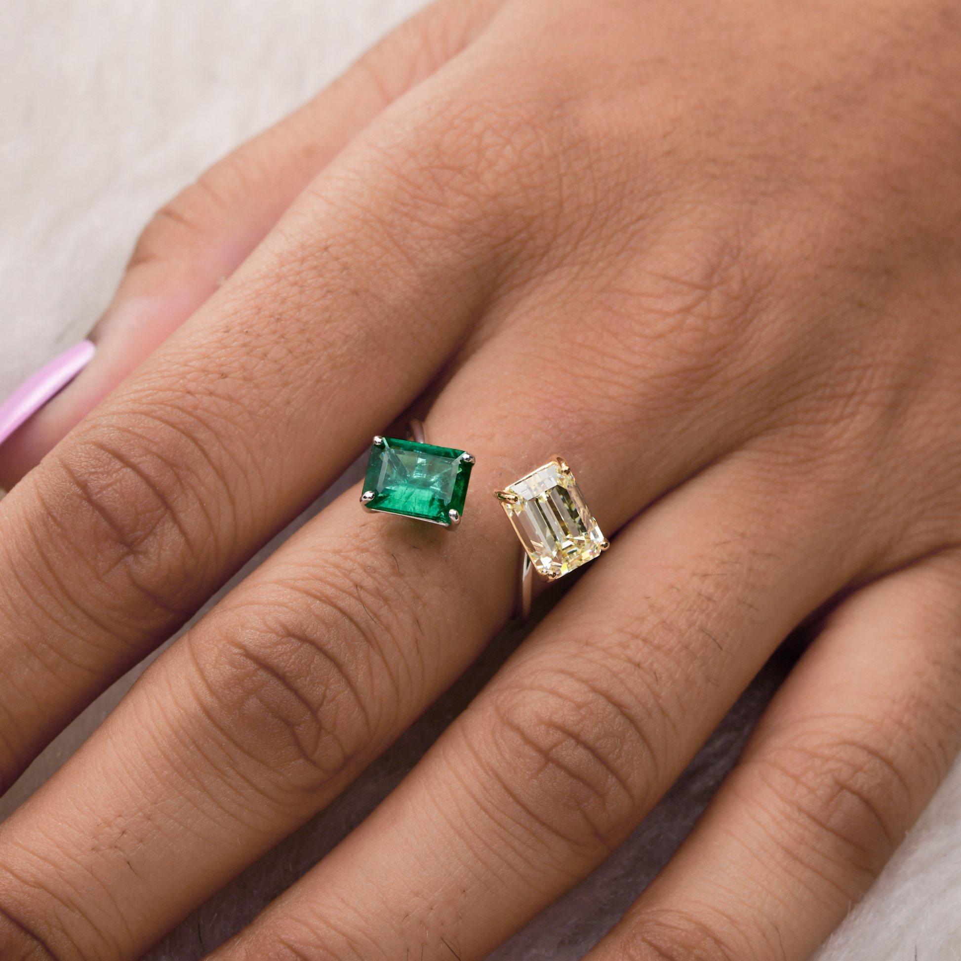 3.80 Tcw Octagon Zambian Emerald & SI/HI Diamond Open Gold Ring