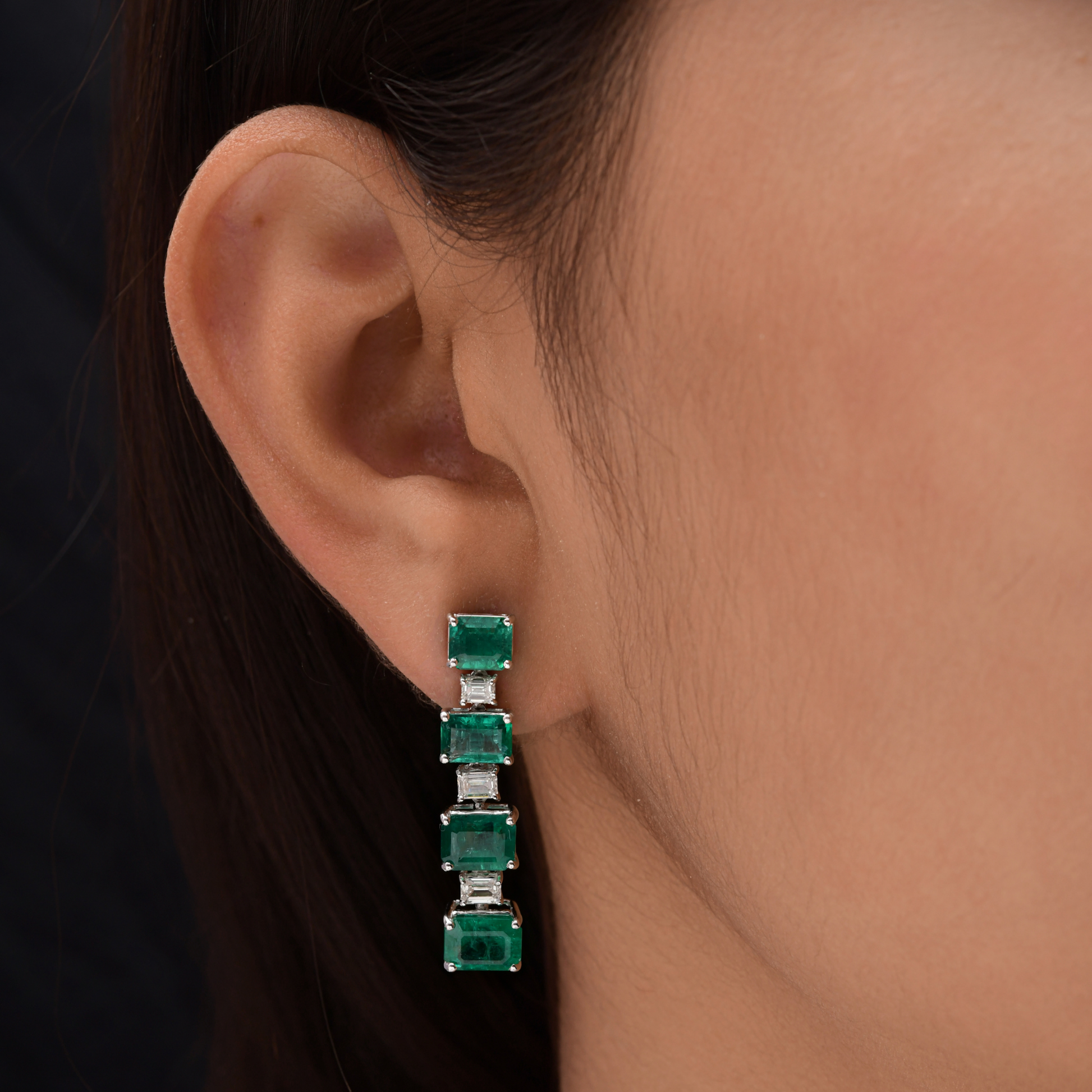 Zambian Emerald Gemstone & Baguette Diamond Gold Dangle Earrings