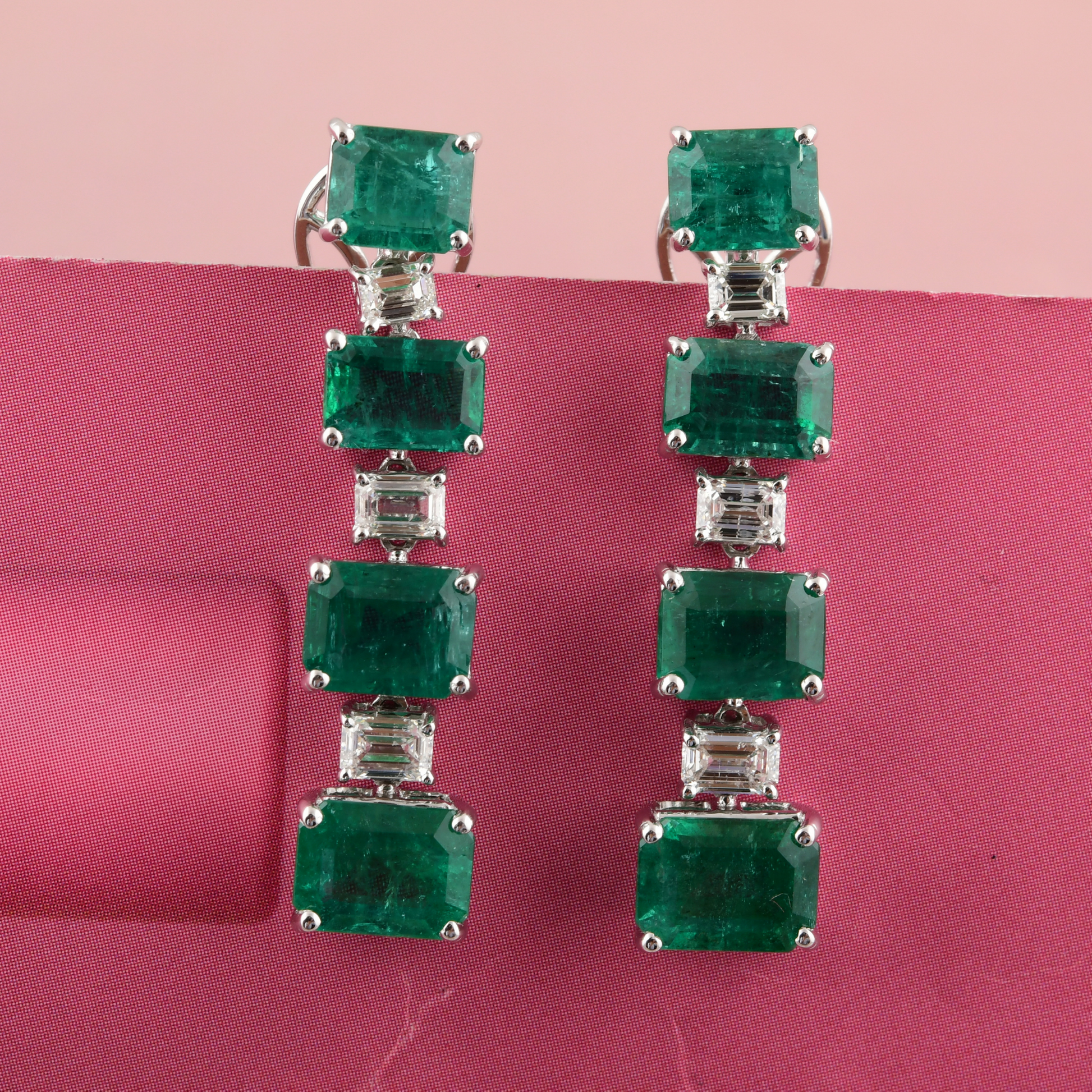 Zambian Emerald Gemstone & Baguette Diamond Gold Dangle Earrings