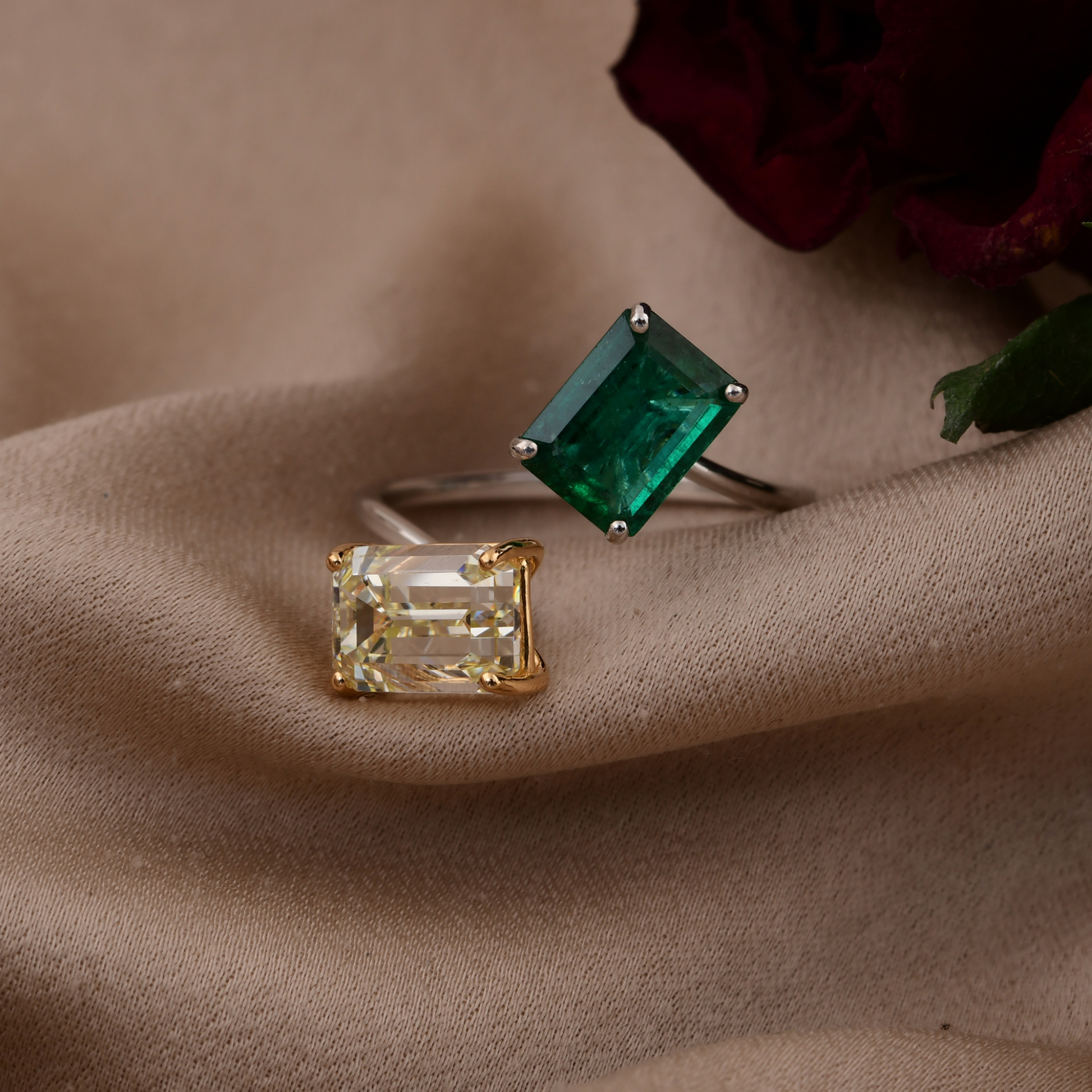 3.80 Tcw Octagon Zambian Emerald & SI/HI Diamond Open Gold Ring