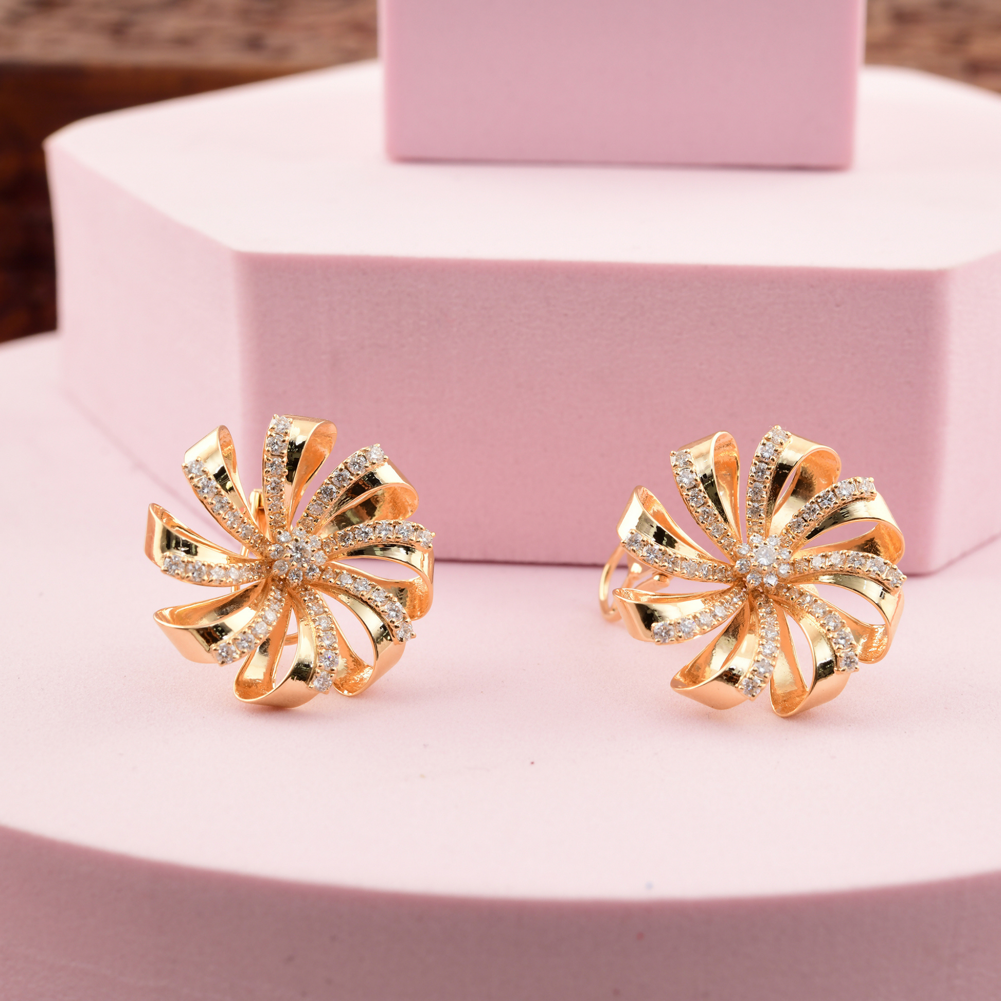1.75 Carat Bloom Flower Round Cut Diamond Gold Stud Earrings