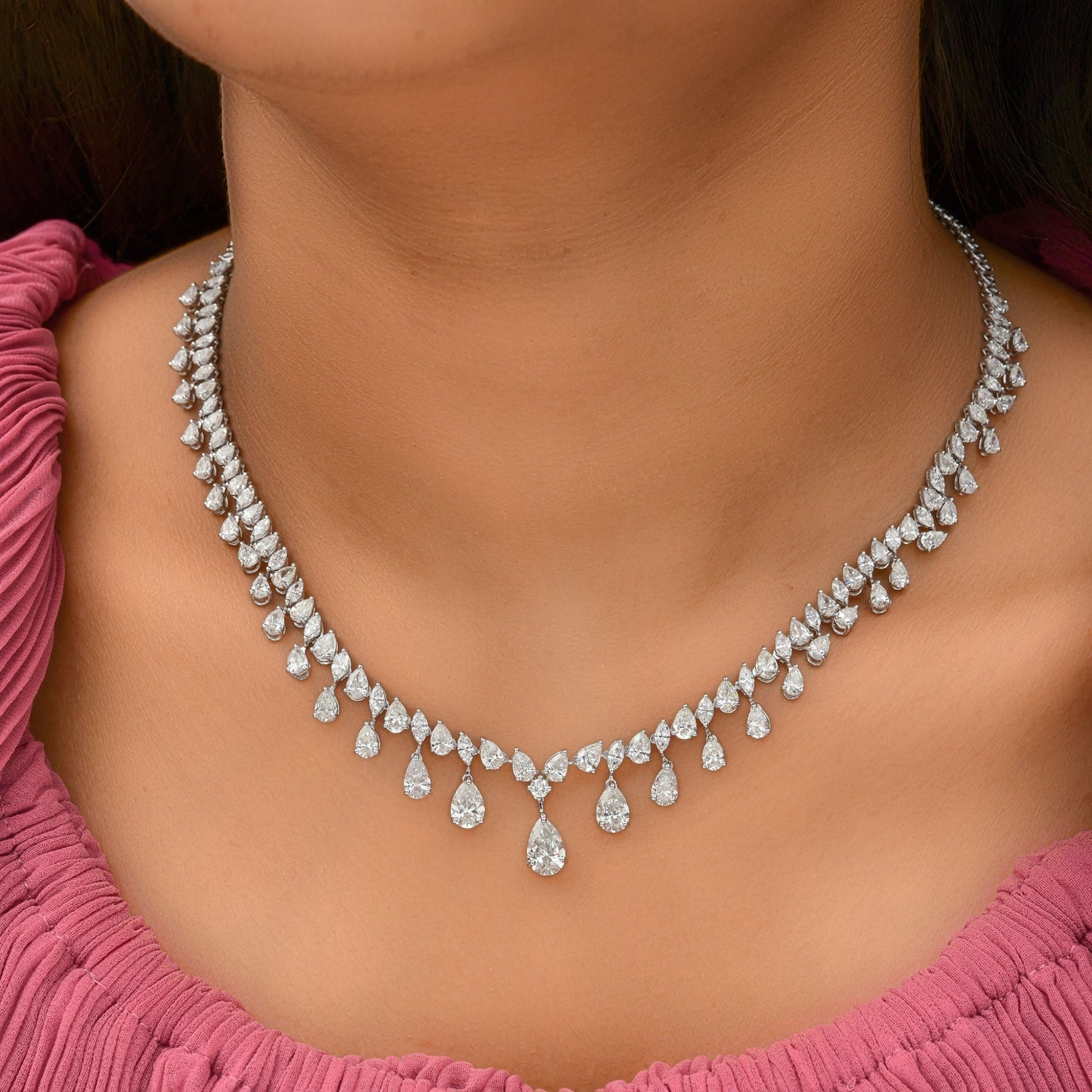 14.44 Carat Natural SI/HI Pear Cut Diamond Gold Drizzle Necklace