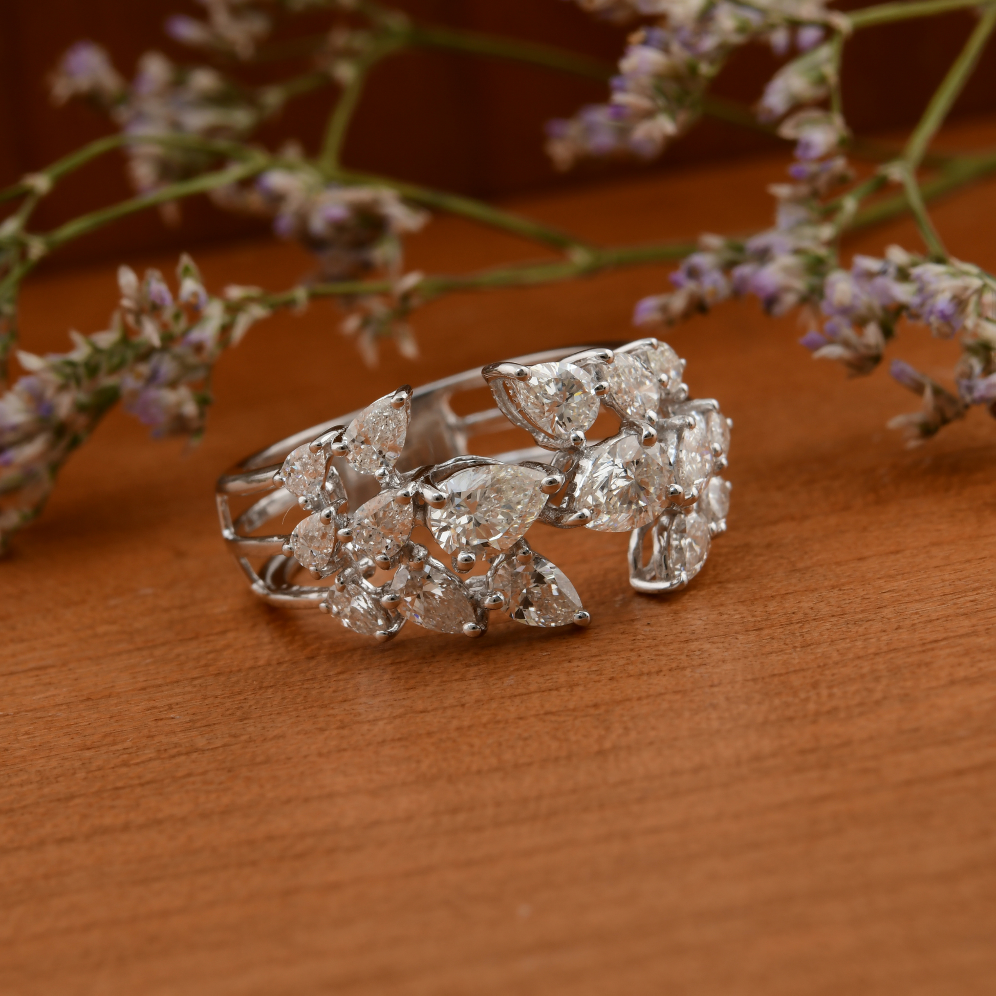 1.74 Carat SI/HI Pear Cut Natural Diamond Cuff Ring in Fine Gold