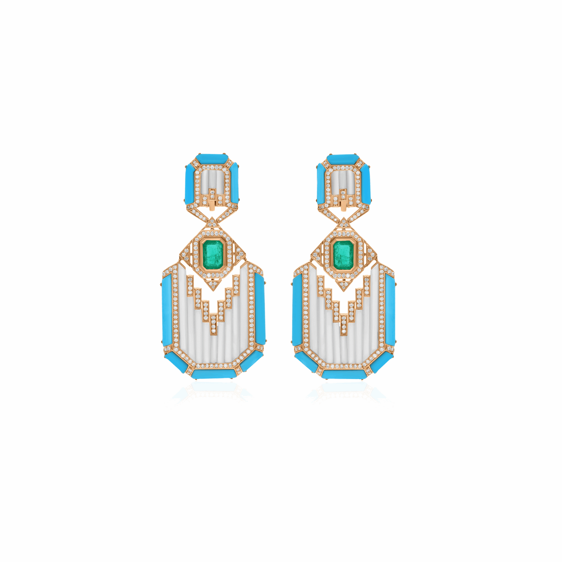 20.45 Ct. Tcw Emerald & Turquoise Natural Diamond Drop Dangle Earrings in 18K Gold