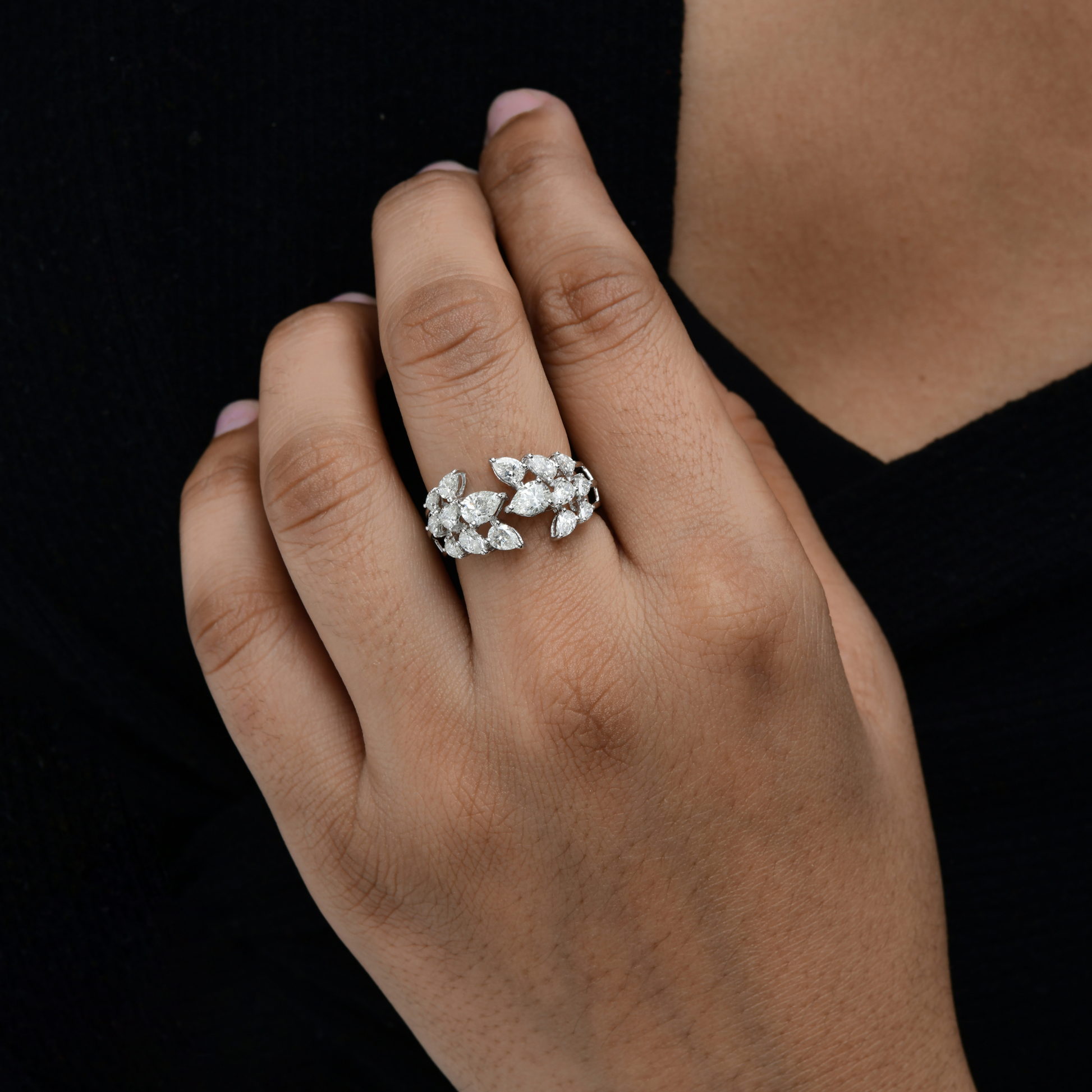 1.74 Carat SI/HI Pear Cut Natural Diamond Cuff Ring in Fine Gold