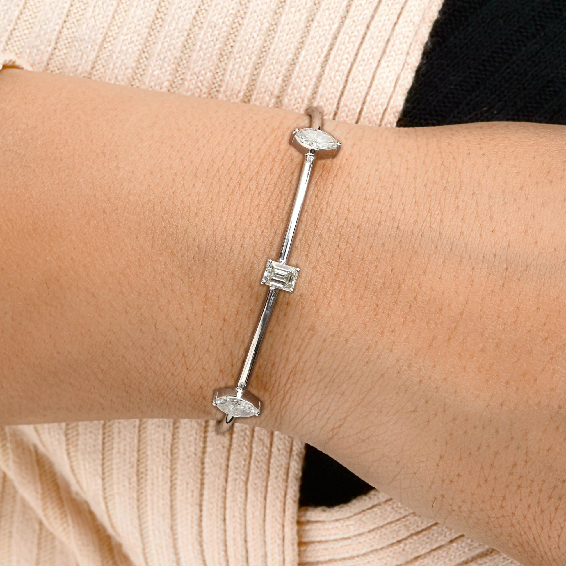 1.39 Carat Real HI/SI Marquise Octagon Diamond Cuff Gold Bangle Bracelet