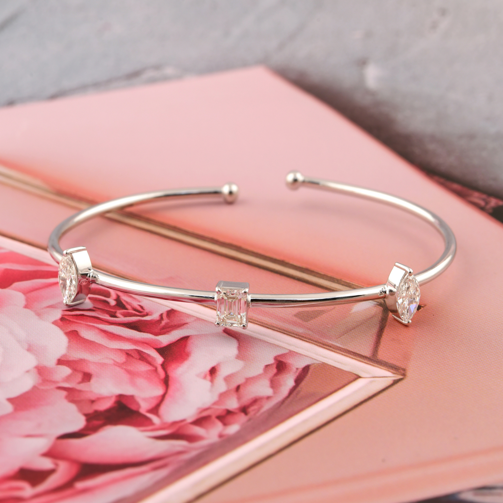 1.39 Carat Real HI/SI Marquise Octagon Diamond Cuff Gold Bangle Bracelet