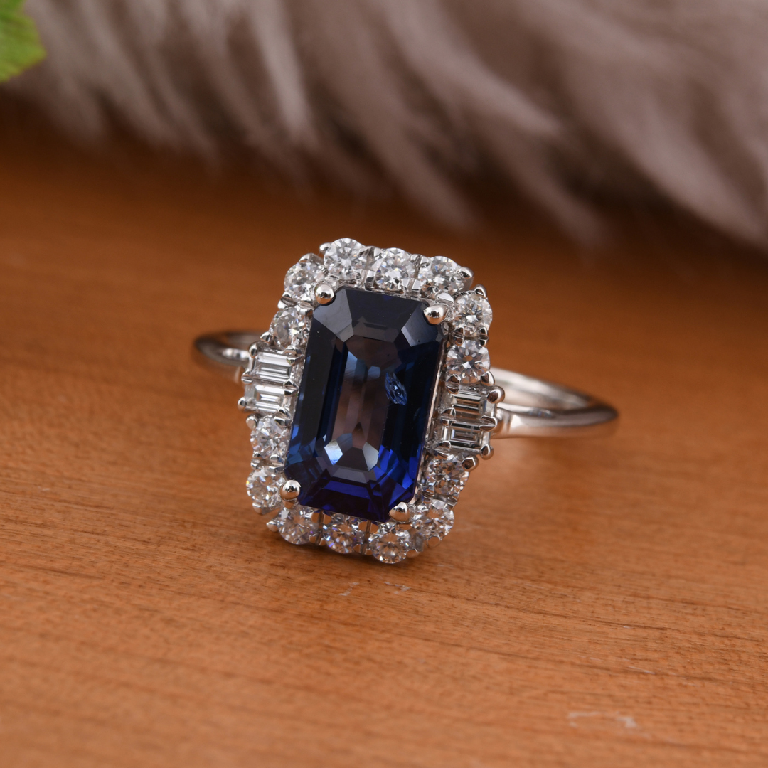 3.05 Carat Blue Sapphire Gemstone Halo with 0.49 Carat Natural Diamond Ring