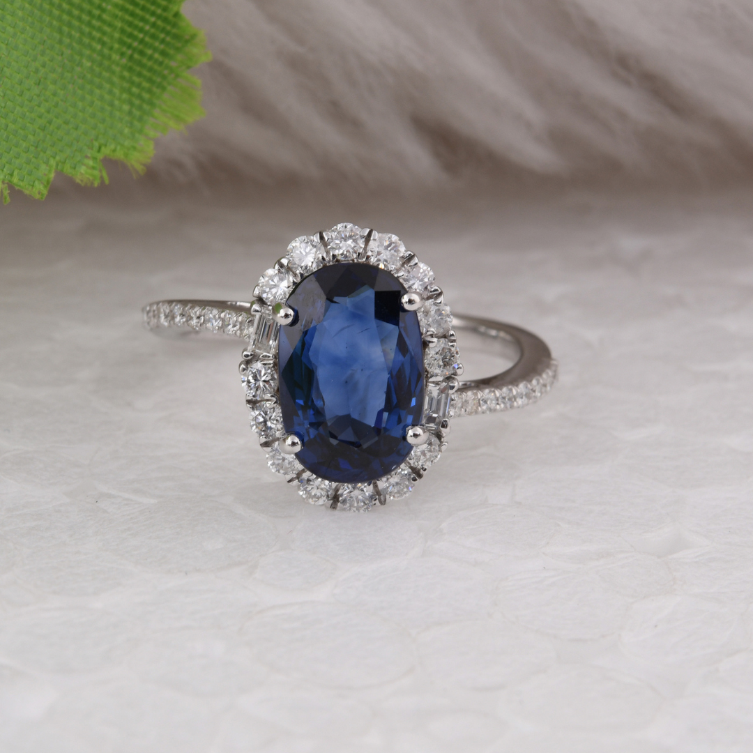 3.96 Tcw Oval Cut Blue Sapphire Round Diamond Halo Gold Wedding Ring